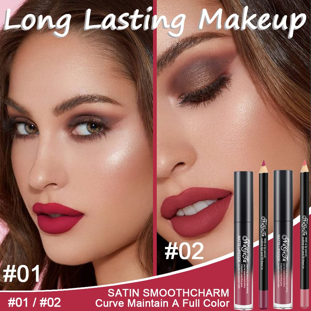 Juego de 2 colores de lápiz labial líquido mate y delineador de labios, tinte de labios de larga duración, 24 horas, impermeable, terciopelo,