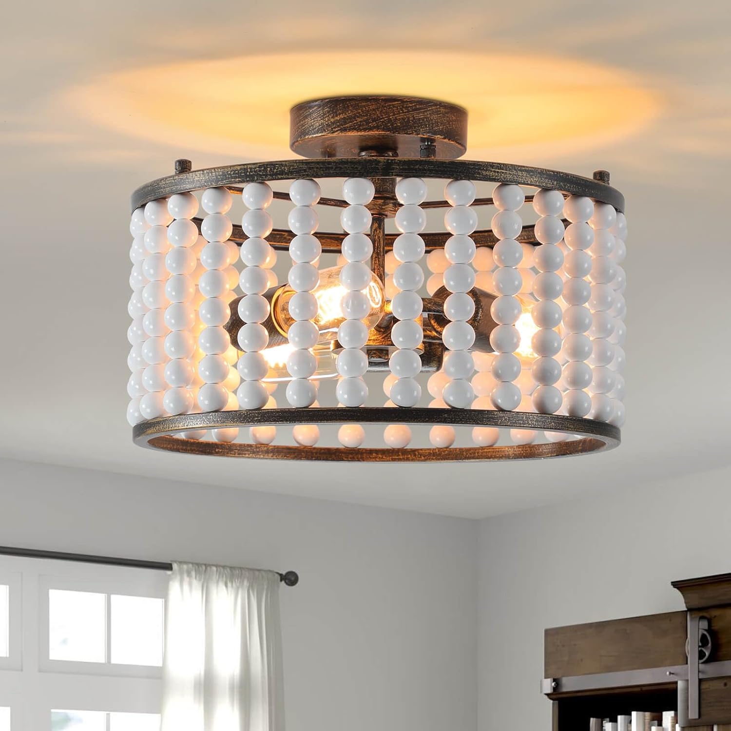 Lámpara de techo semiempotrada con cuentas de madera bohemia con acabado blanco rústico para dormitorio, cuarto de bebé, habitación de niñas,