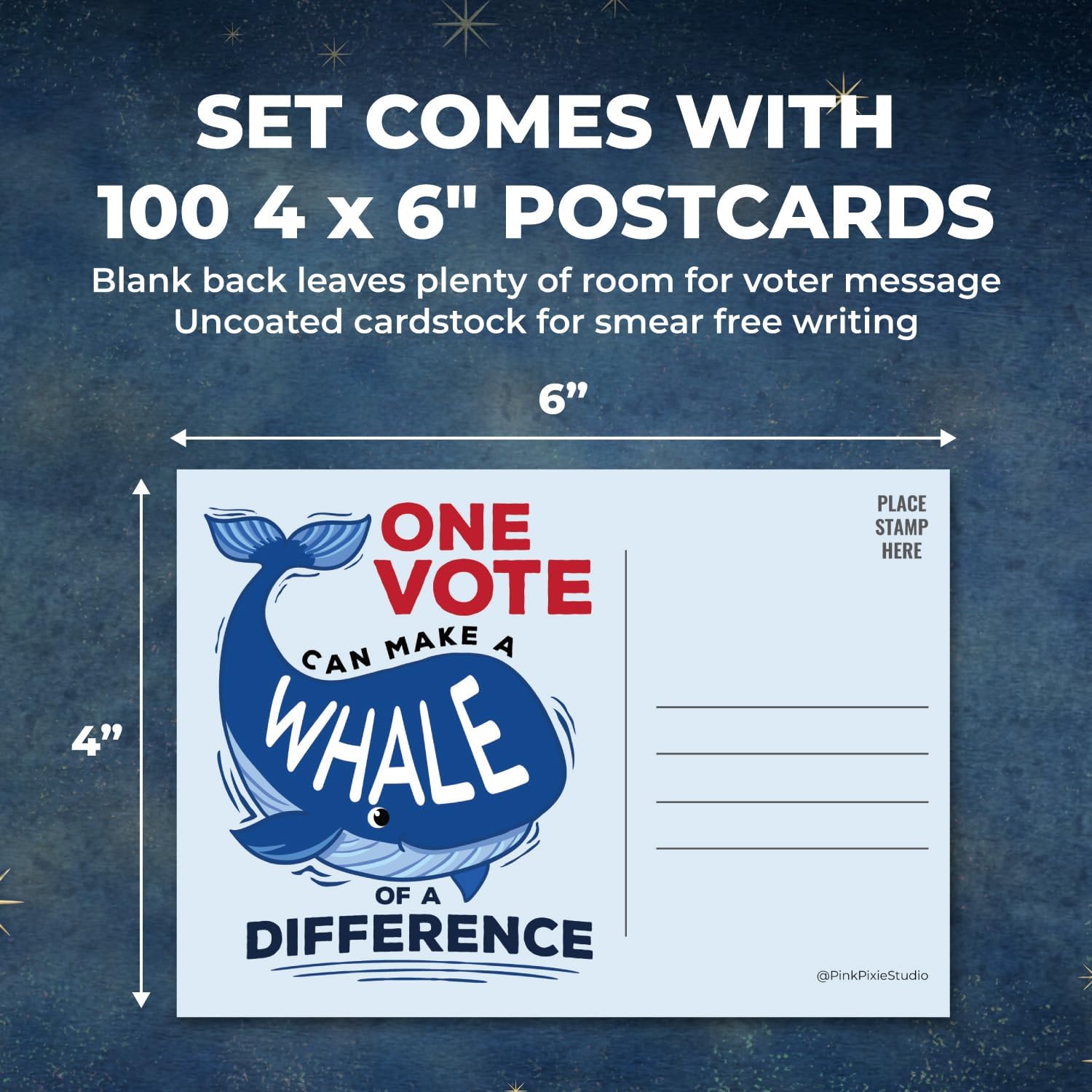 100 postales de votante de ballena de una diferencia de 4 x 6 pulgadas, parte trasera en blanco a granel para mensajes para fomentar la votación en