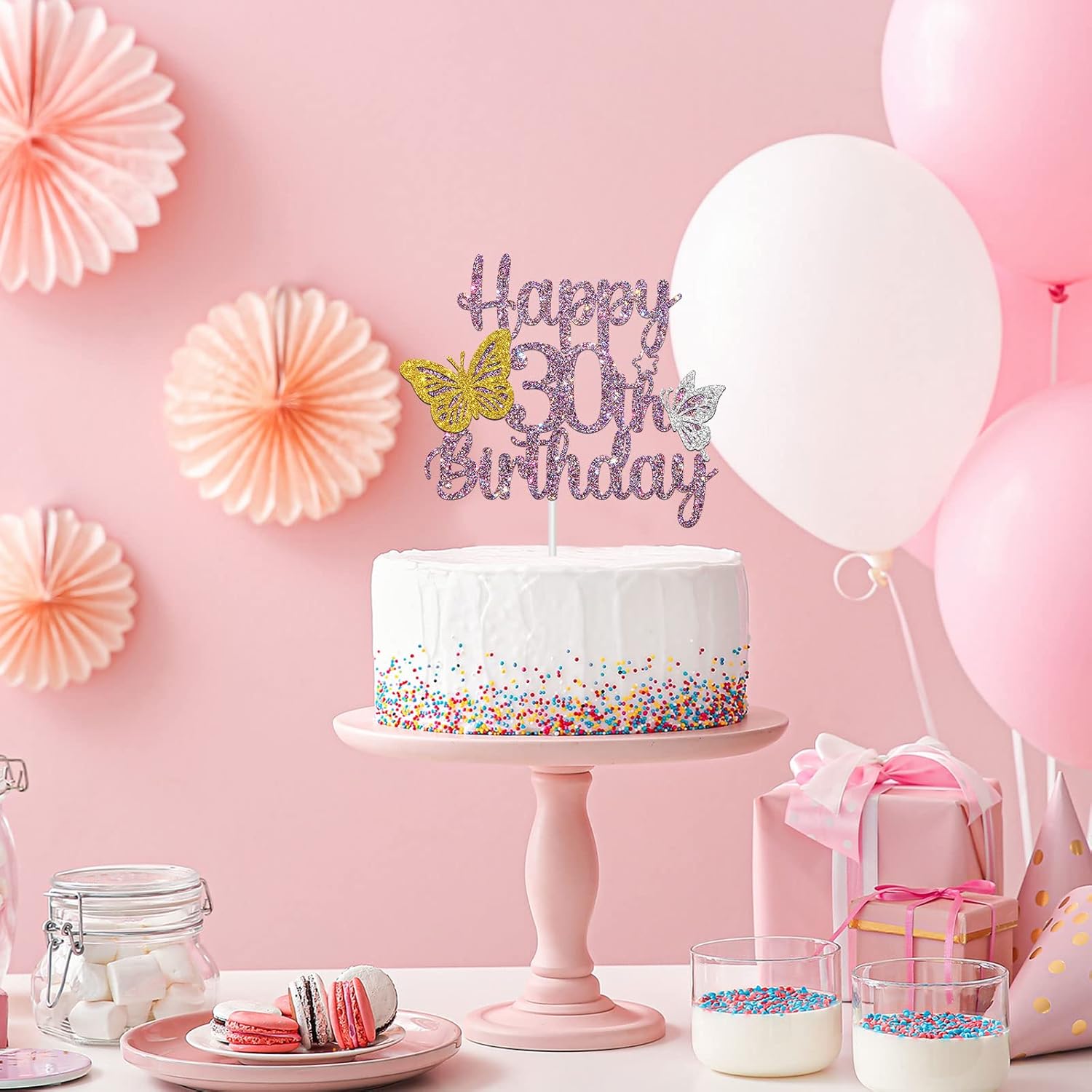 Decoración para tarta de cumpleaños de 30 años con purpurina morada, decoración de pastel de mariposa 30, decoración para tartas de cumpleaños de 30
