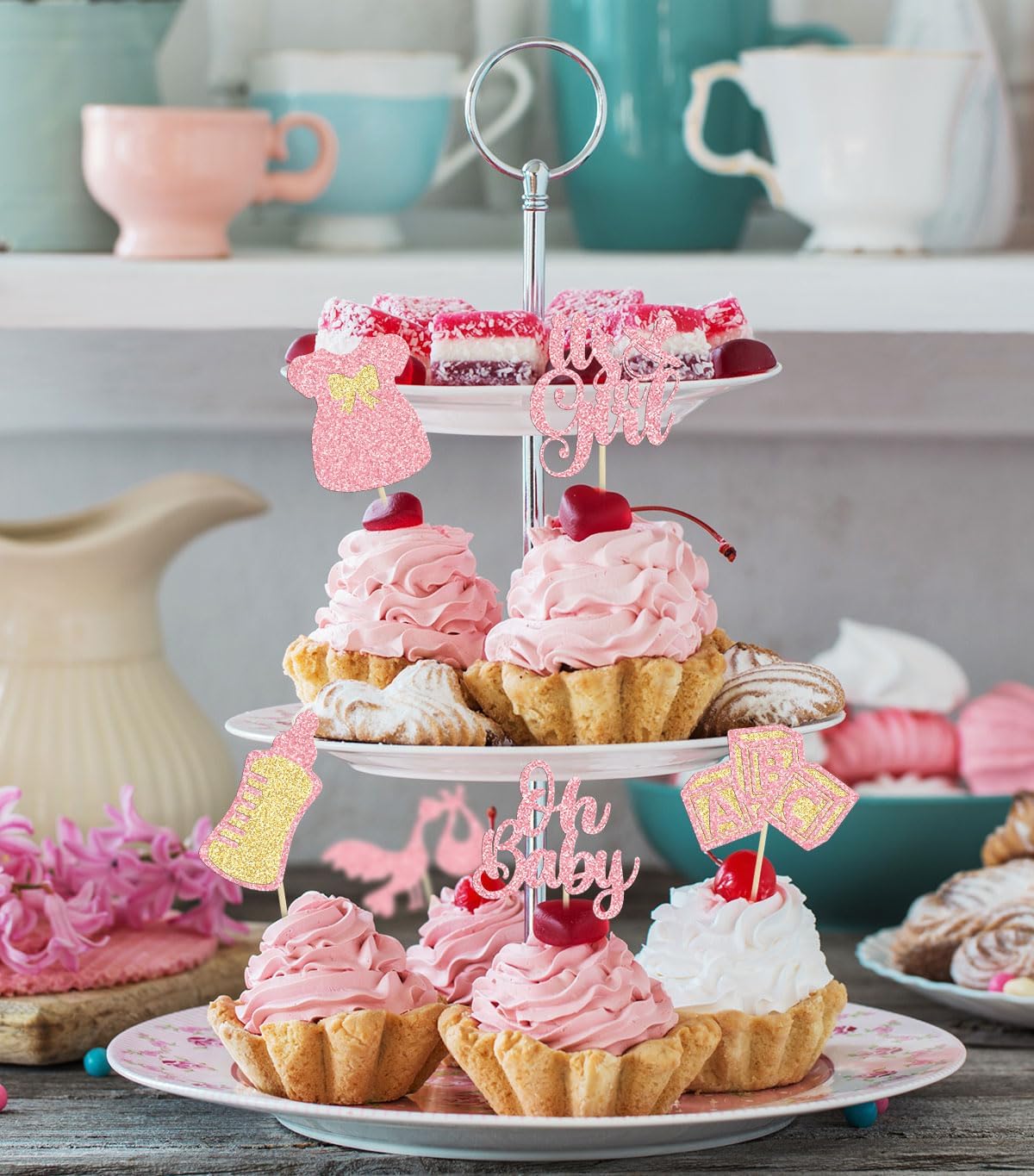 Gyufise 24 adornos para cupcakes Oh Baby Glitter It’s a Girl Cupcake Picks Bow Dress Baby Shower Baby Shower Cake Decor para revelación de género