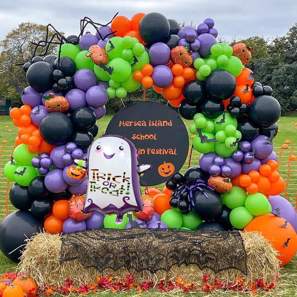 Arco de globos de Halloween, 128 piezas, kit de decoración de fiesta de Halloween con pancarta de Halloween, globos de papel de aluminio fantasma,