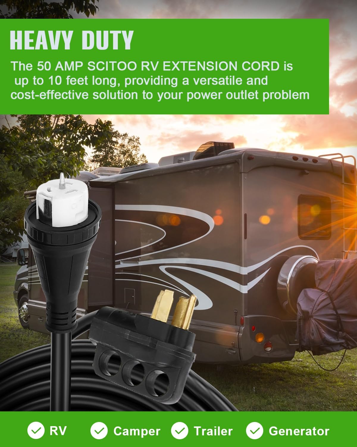 SCITOO Cable de extensión RV de 50 amperios de 10 pies, resistente 10AWG3C AWG con mango de agarre, organizador de cable de bloqueo giratorio,