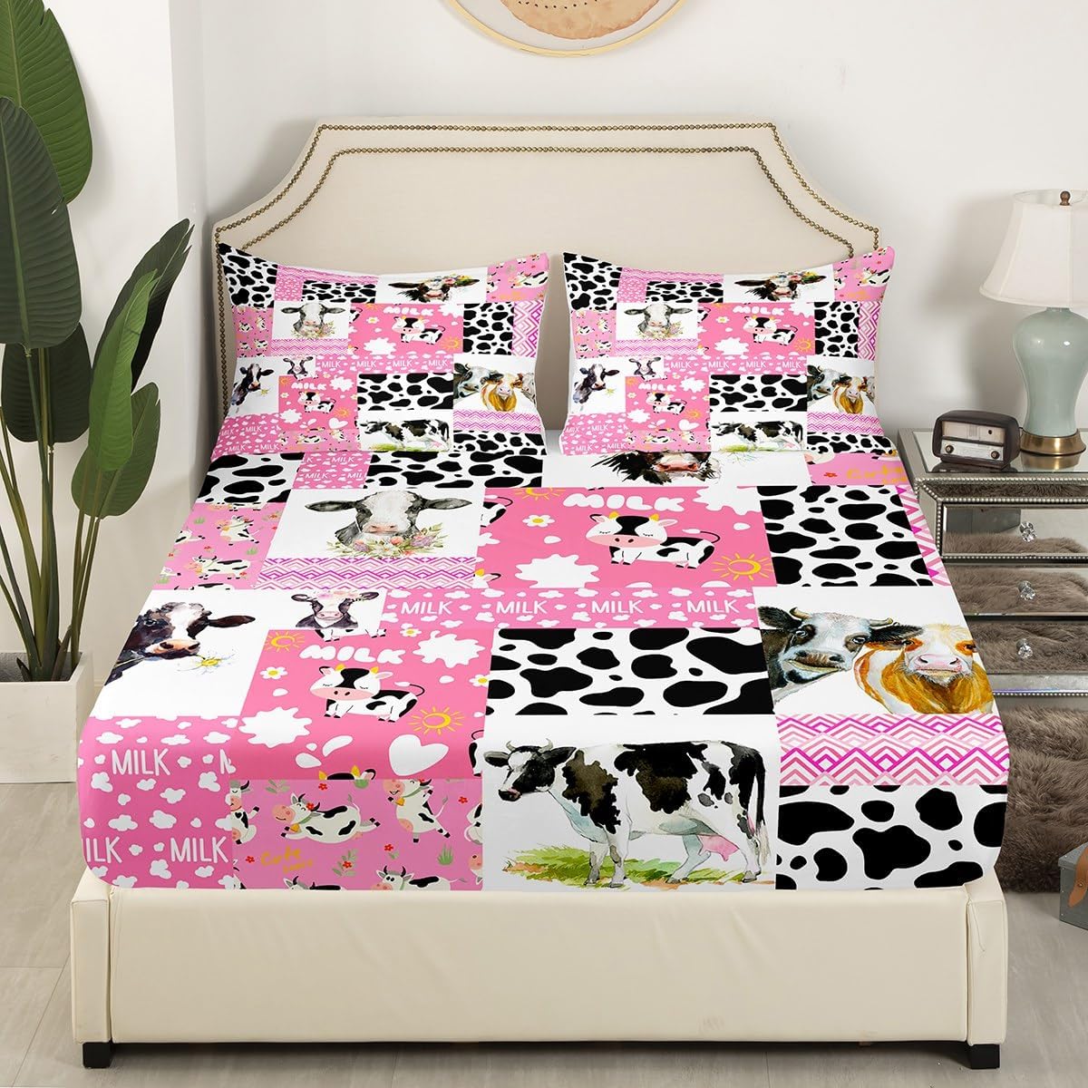 Erosebridal Juego de sábanas tamaño individual con estampado de vaca rosa, juego de sábanas de animales kawaii, juego de sábanas de vida silvestre,