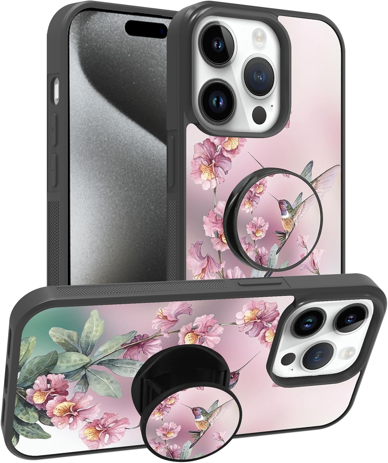Bonoma Funda compatible con iPhone 15 Pro de 6.1 pulgadas, colibrí rosa, bonita textura de neumático, a prueba de golpes, antiarañazos, delgada,