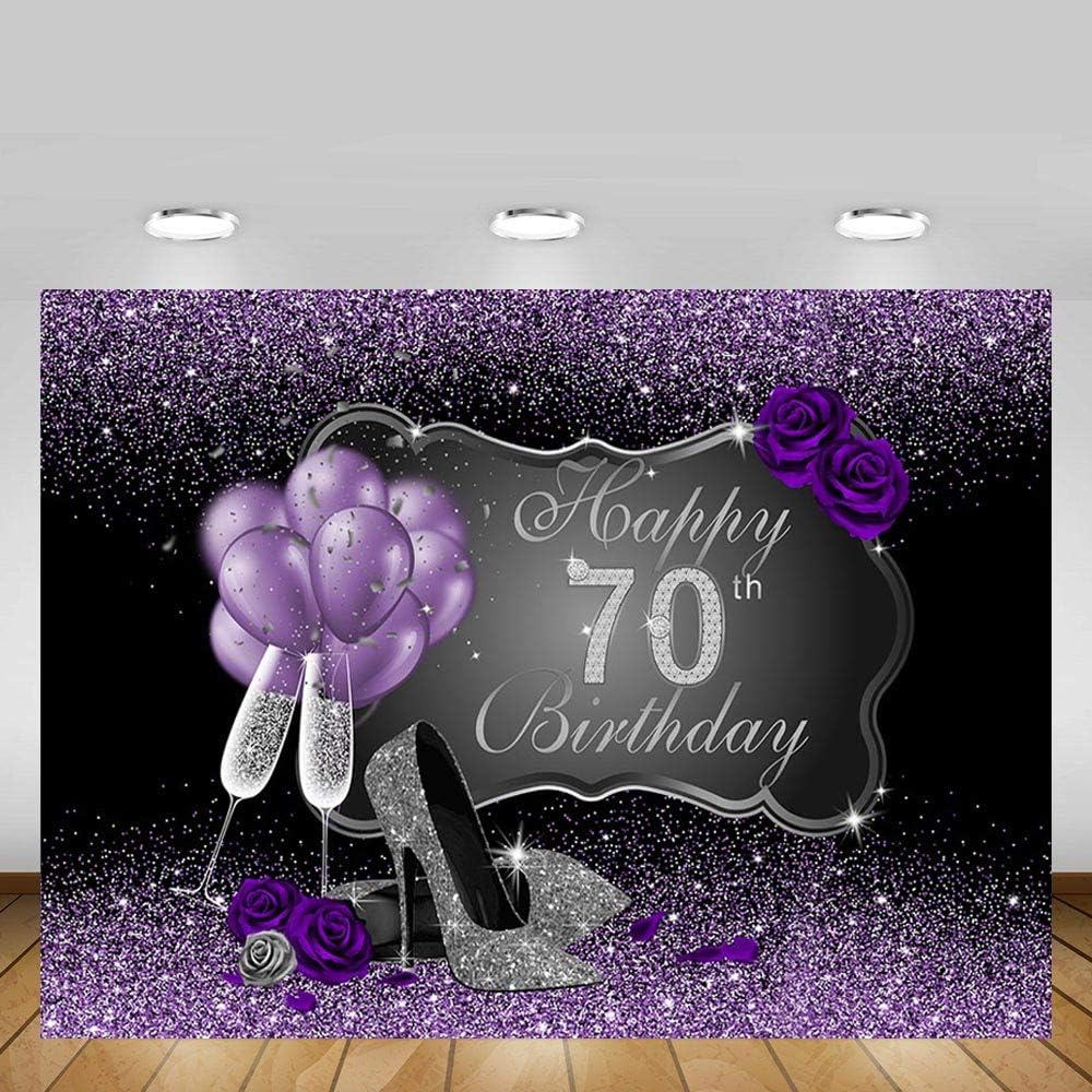 MEHOFOTO Fondo fotográfico negro y morado con tacones altos plateados, globos de rosa morada para fiesta de cumpleaños número 70, telón de fondo