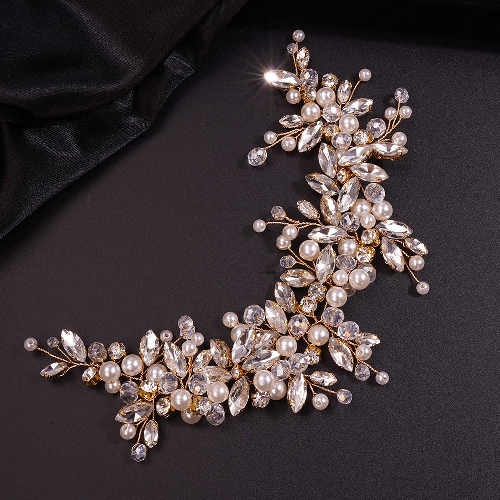 Teyglen Diadema grande de diamantes de imitación, perlas de cristal, diadema de vid hecha a mano con flores nupciales, accesorios para el cabello