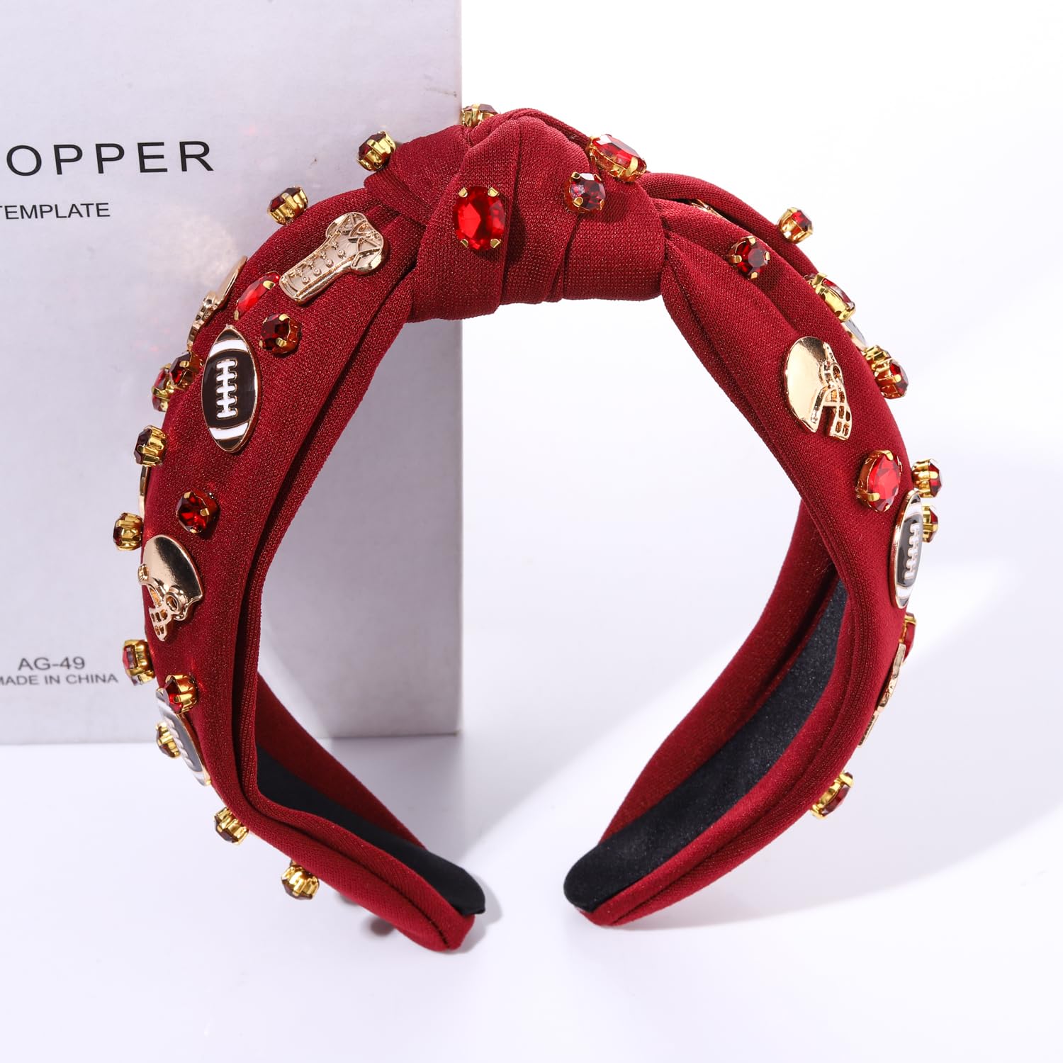 GLBCC Diadema anudada de fútbol para mujer, deportiva con perlas blancas y diamantes de imitación, diadema divertida con nudo torcido, accesorios
