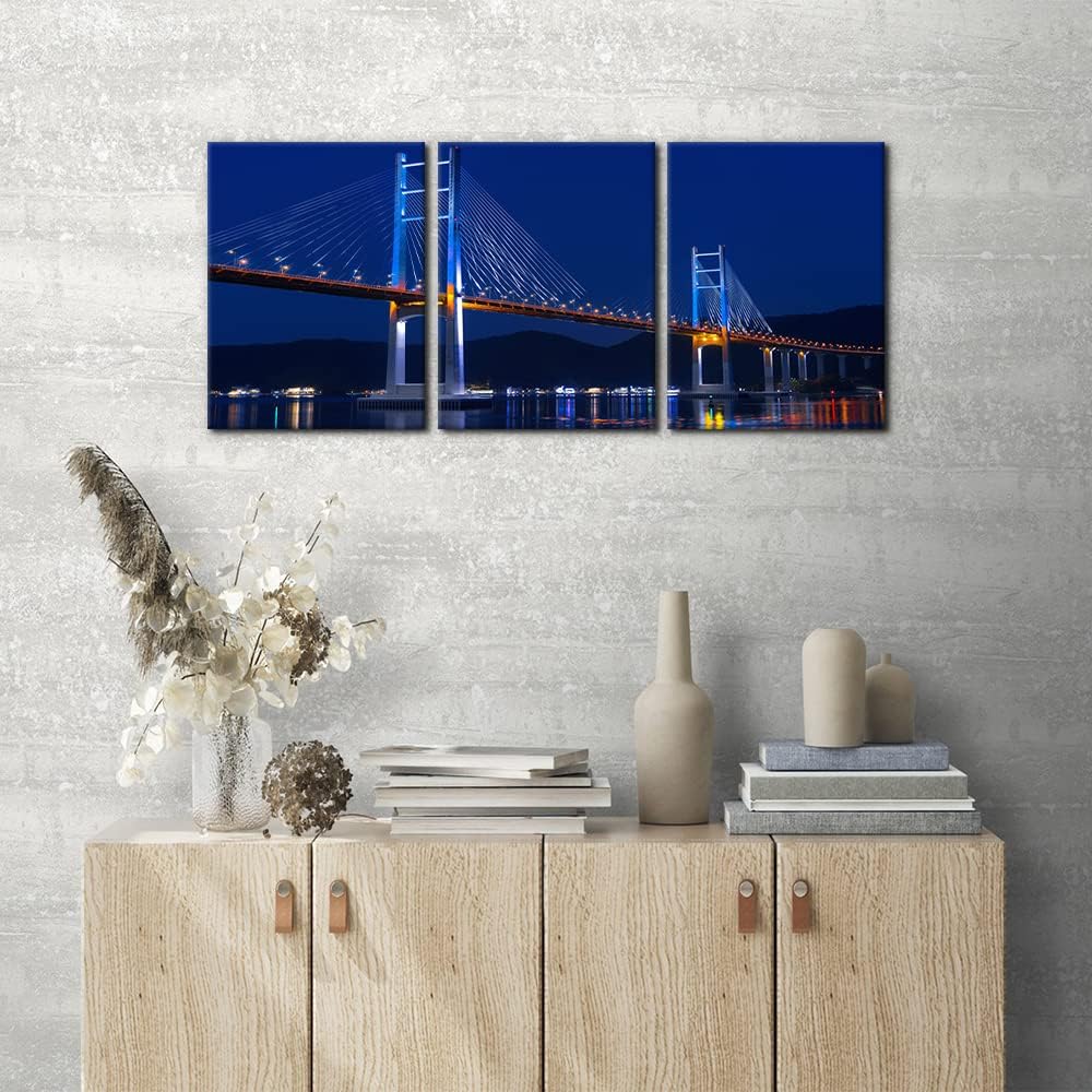 Pacimo 3 piezas de arte de pared en lienzo de paisaje urbano, imágenes impresas en lienzo con luz de neón y vista de puente de puerta dorada,