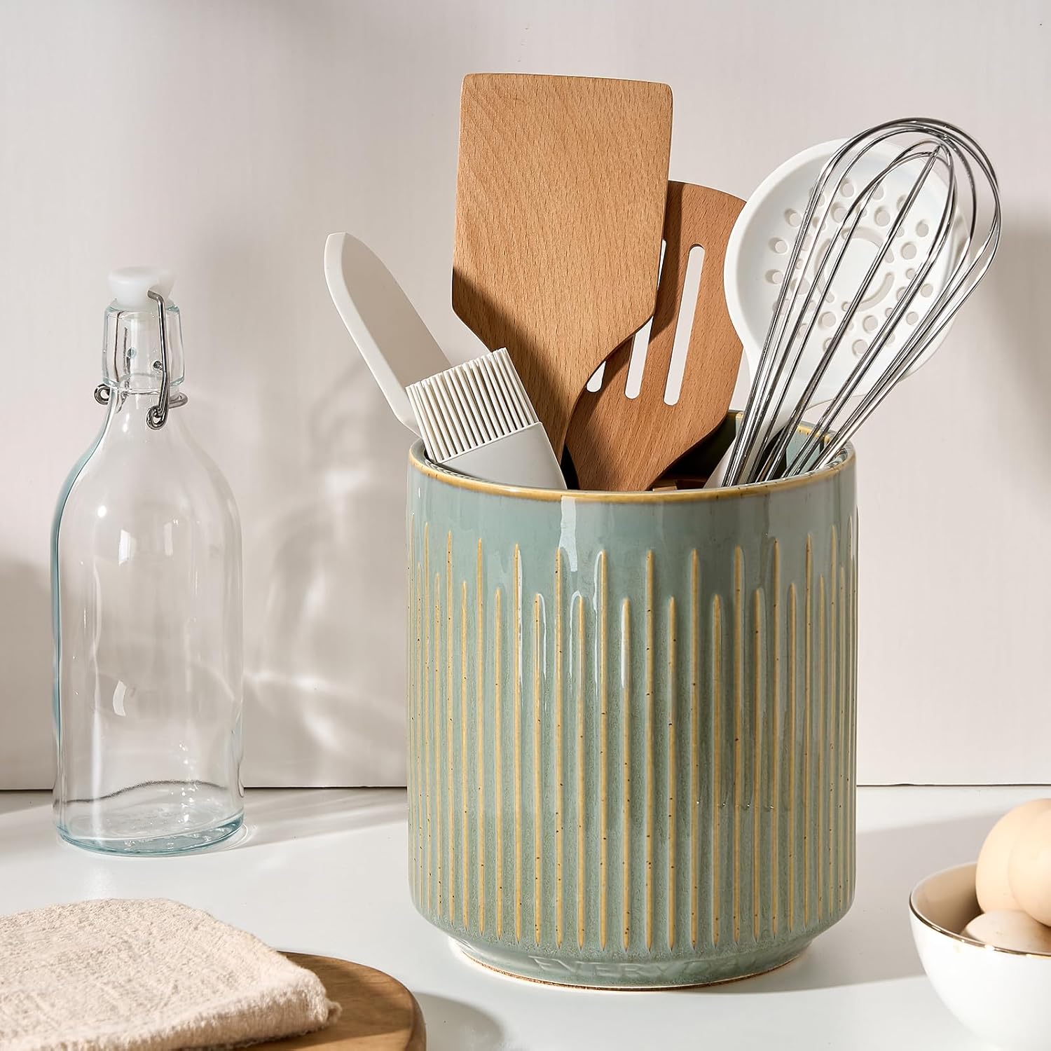 JIEMEI HOME – Soporte para utensilios de cocina, recipiente estable de cerámica para encimera de cocina, organizador grande de utensilios de 7.2