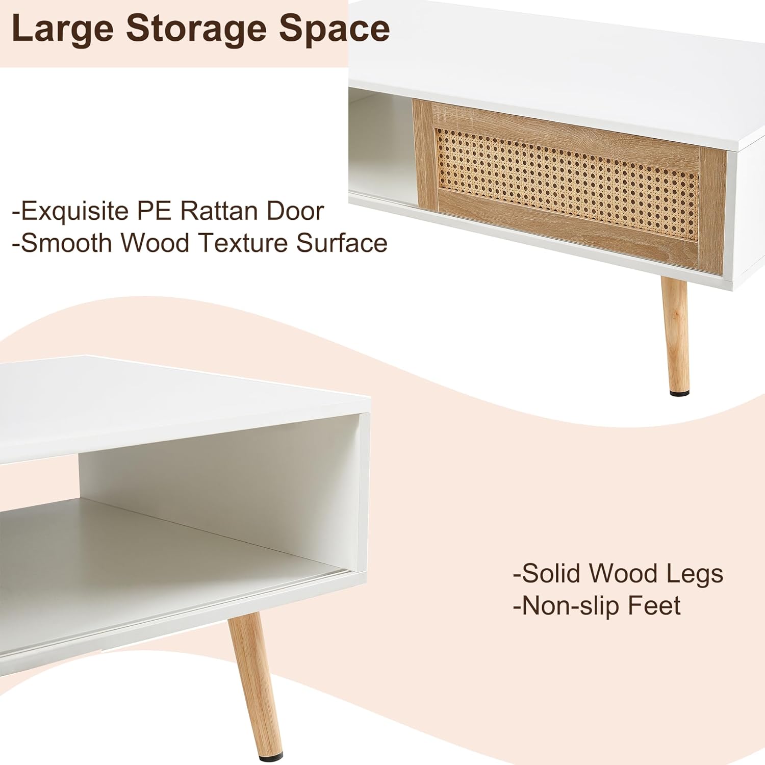 Mesa de centro de ratán para sala de estar, mesas centrales de sofá Mordern blanco, patas de madera maciza, mesa central rectangular para