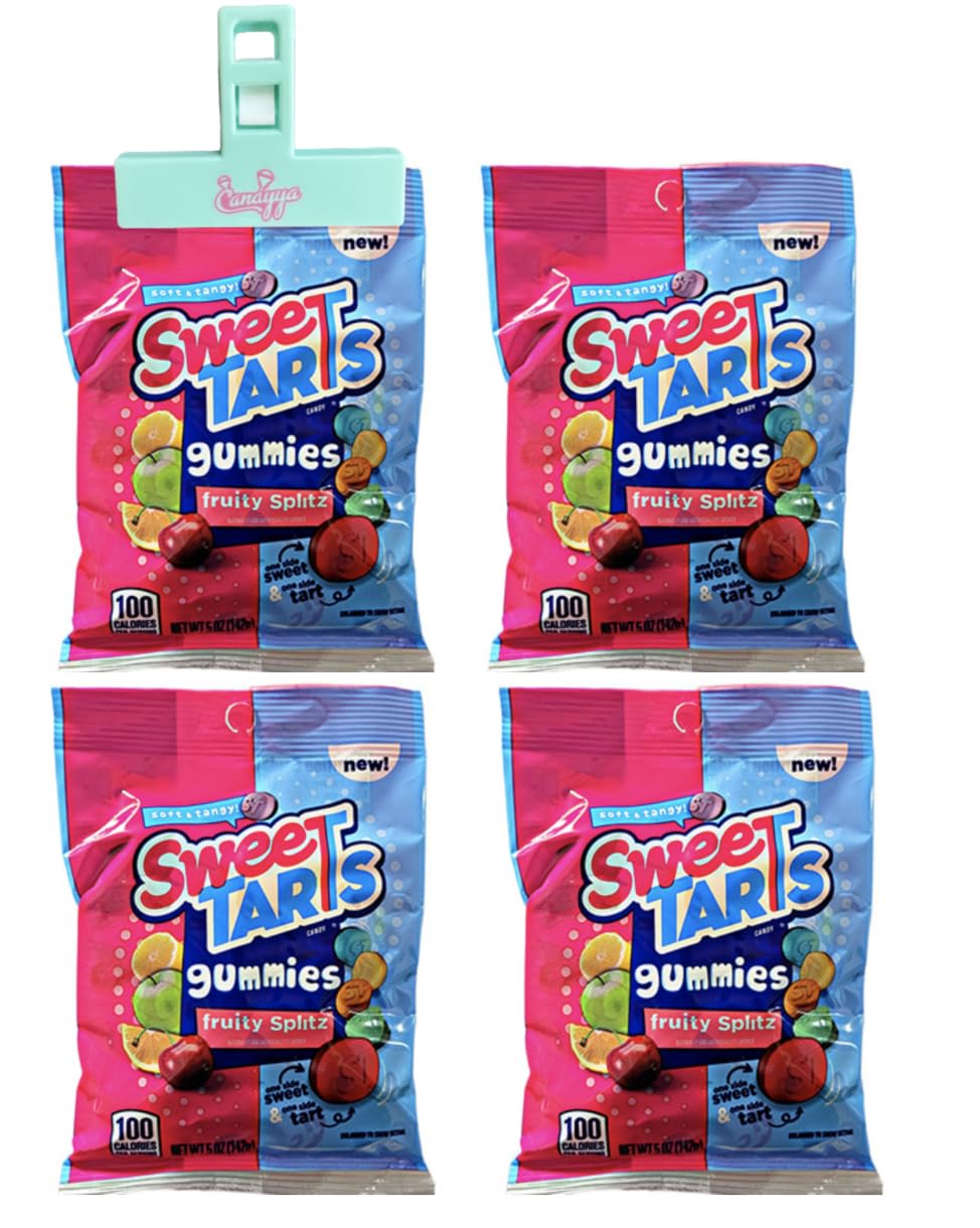 Gummies Sweetarts, Fruity Splitz Candy bolsas de 5 onzas, 1.4 libras en total con clip exclusivo Candyya (paquete de 4)