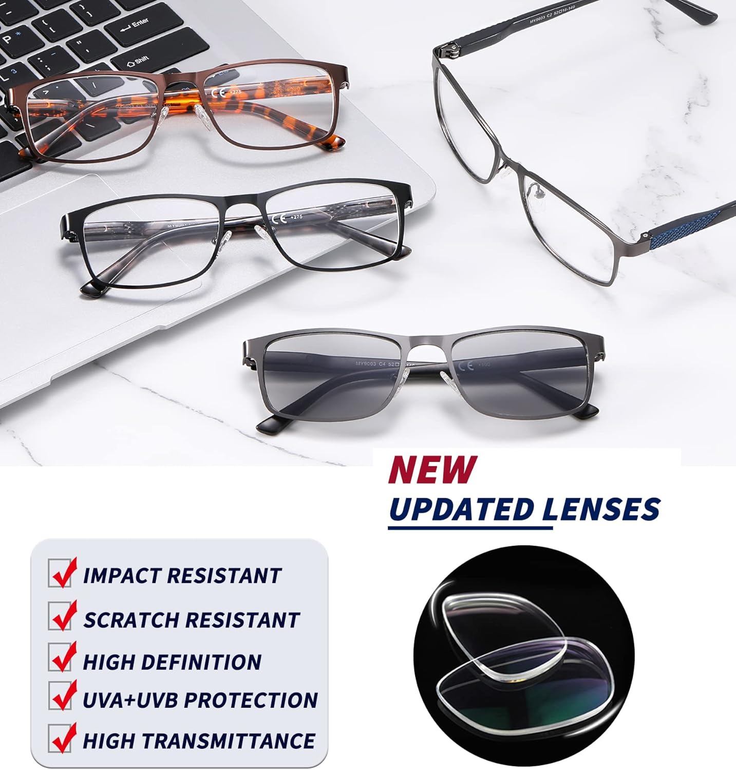 JJWELL Paquete de 4 lentes de lectura para hombres, bloqueo de luz azul, lectores de marco completo de metal para hombres, antifatiga ocular,