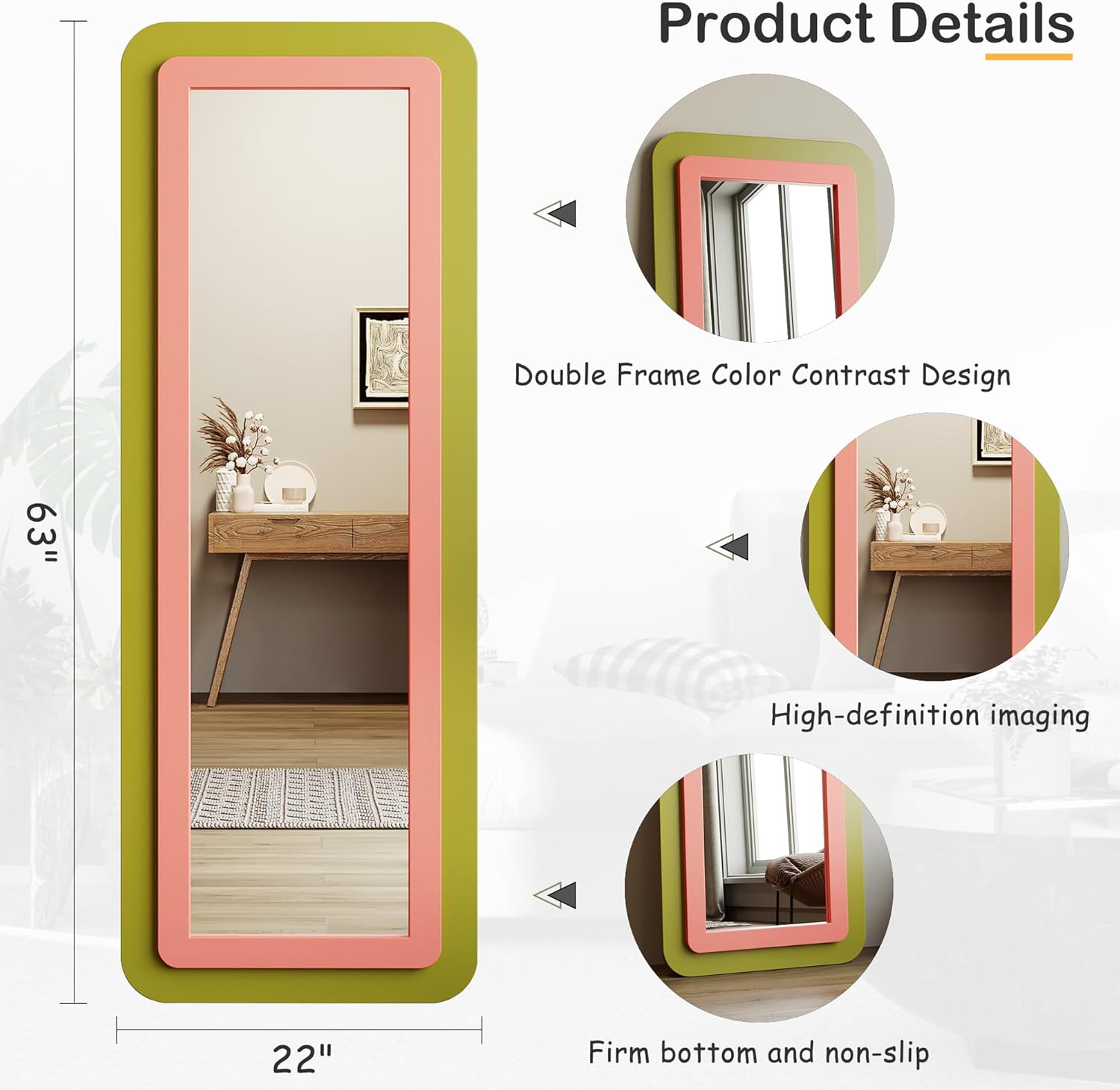 Honyee Espejo de longitud completa de 63 x 22 pulgadas, espejo rectangular con soporte de pie, espejo de pared con marco de madera para