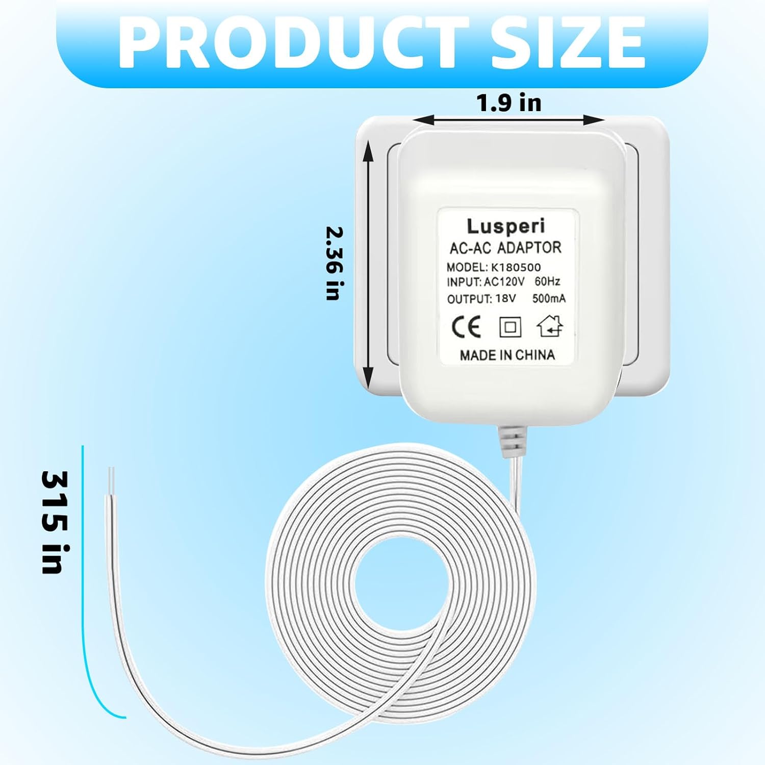 Transformador de timbre de puerta extralargo de 26.2 pies 18V500mA compatible con timbres de video inalámbricos Ring, Nest, Eufy, Wyze, Arlo (blanco)