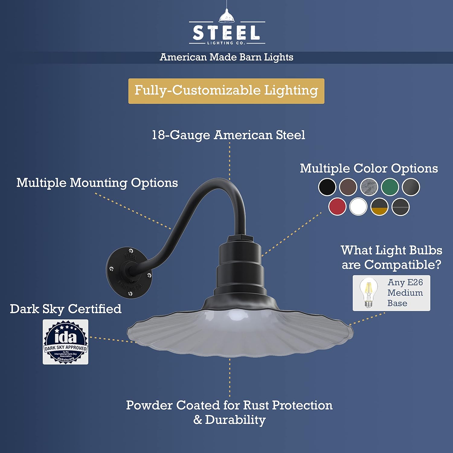 Steel Lighting Co. Highland Park – Luz de granero  Montada en la pared al aire libre  Onda radial de 16 pulgadas  Brazo recto de 11 pulgadas  Estilo