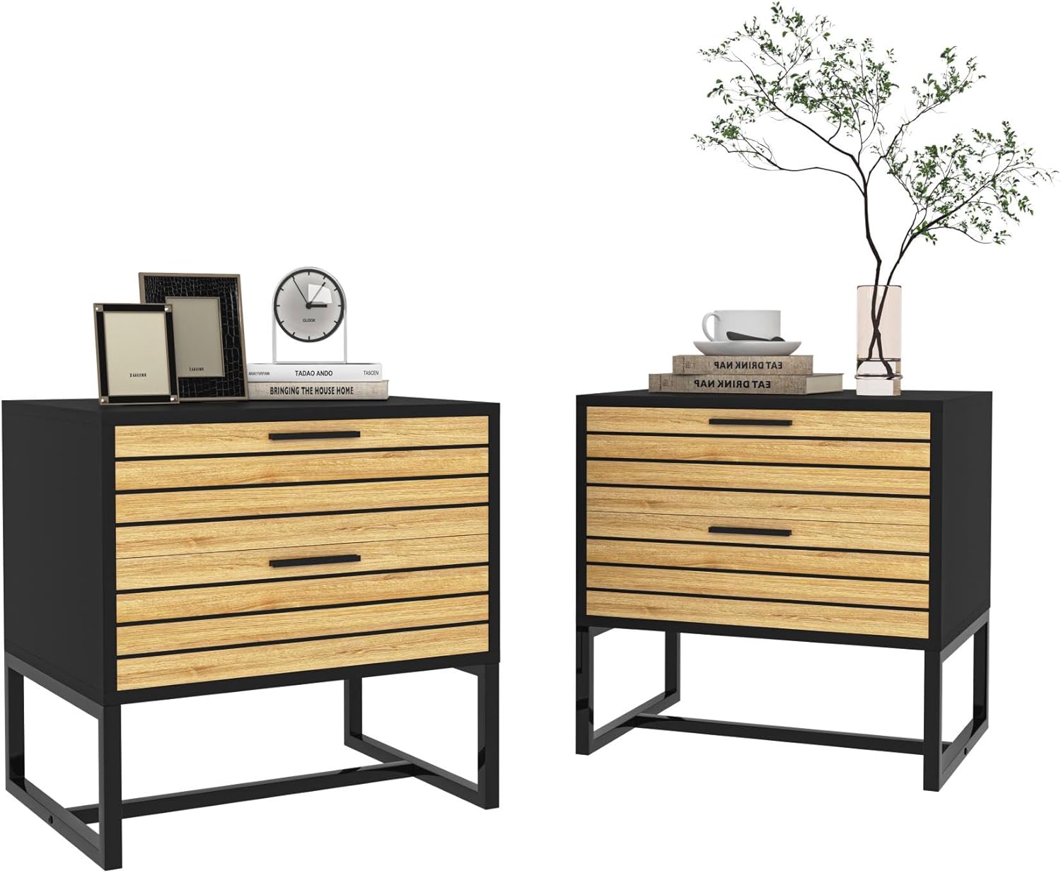 CIPACHO Juego de 2 mesitas de noche, mesa auxiliar, mesita de noche con cajón de almacenamiento y estante abierto, muebles decorativos de mesita de