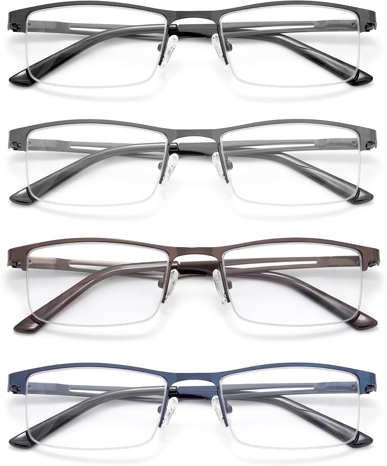 Gafas de lectura con luz azul para hombre, lentes de lectura de medio marco de metal, bisagra de resorte, lentes transparentes con bolsas
