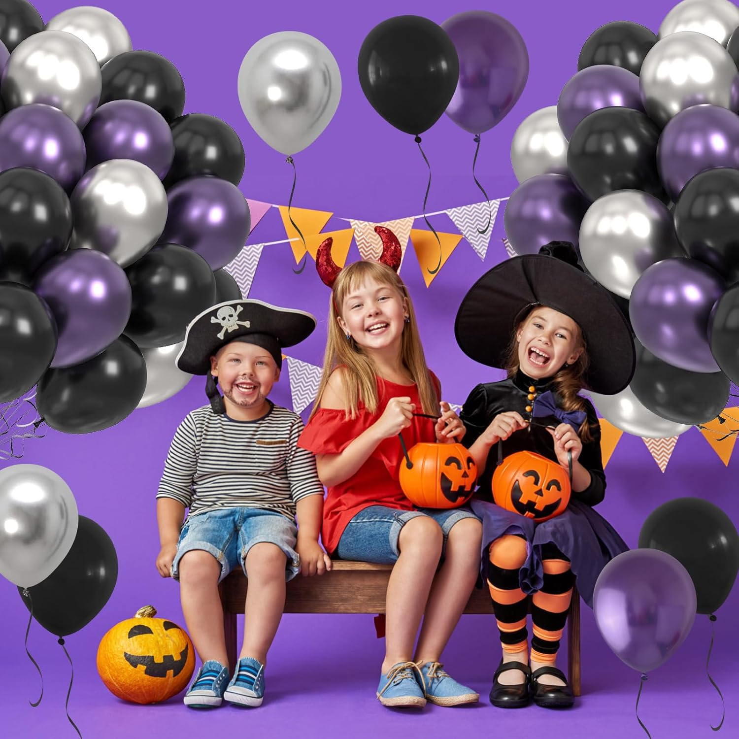 FEYG Globos de Halloween de 12 pulgadas, 40 globos de metal negro, morado, plateado, látex, decoración de fiesta de Halloween, celebración de