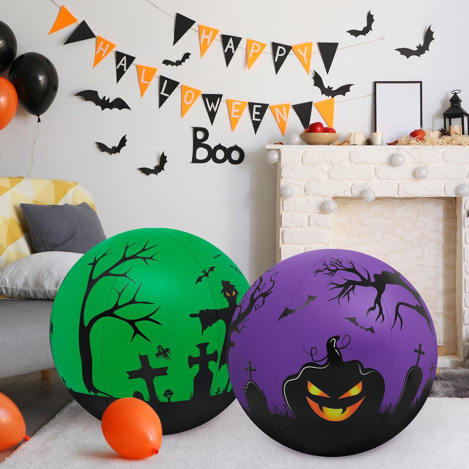 2 piezas de 27 pulgadas que brillan en la oscuridad enorme bola de Halloween con luz LED, bola inflable gigante de Halloween que brilla