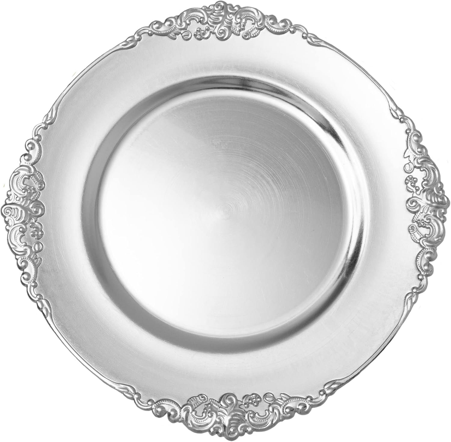 Simply Elegant Plato cargador de plástico con borde de filigrana  Placa de servicio para fiestas, cenas, bodas, quinceañeras y eventos, 13 pulgadas