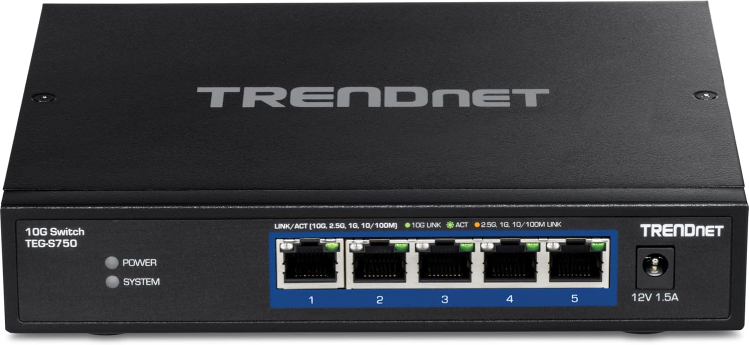 TRENDnet Interruptor 10G de 5 puertos, 5 puertos RJ-45 de 10 G, capacidad de conmutación de 100 Gbps, admite conexiones 2.5G y 5G-BASE-T, protección