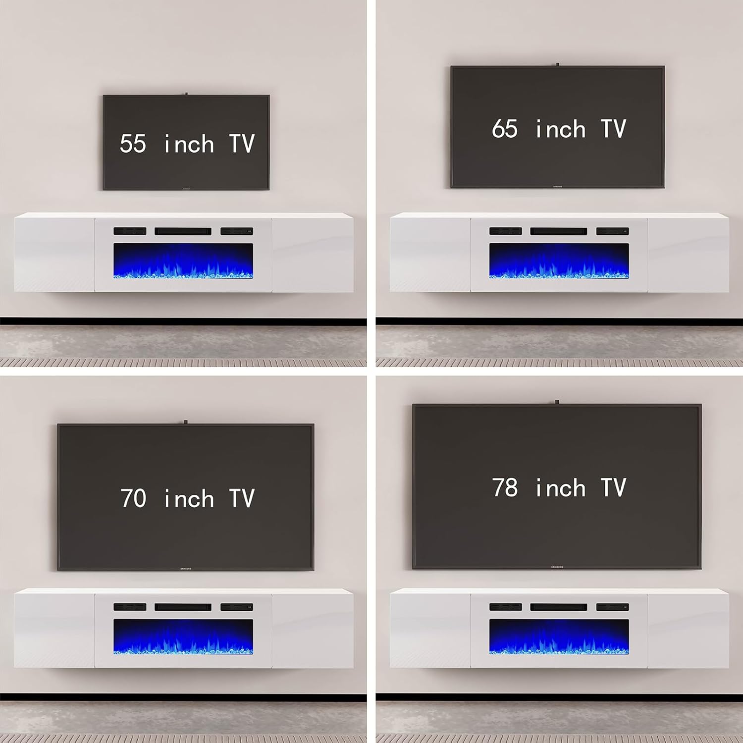 AMERLIFE Soporte de TV flotante con chimenea eléctrica de 36 pulgadas, acabado brillante, centro de entretenimiento con chimenea con almacenamiento