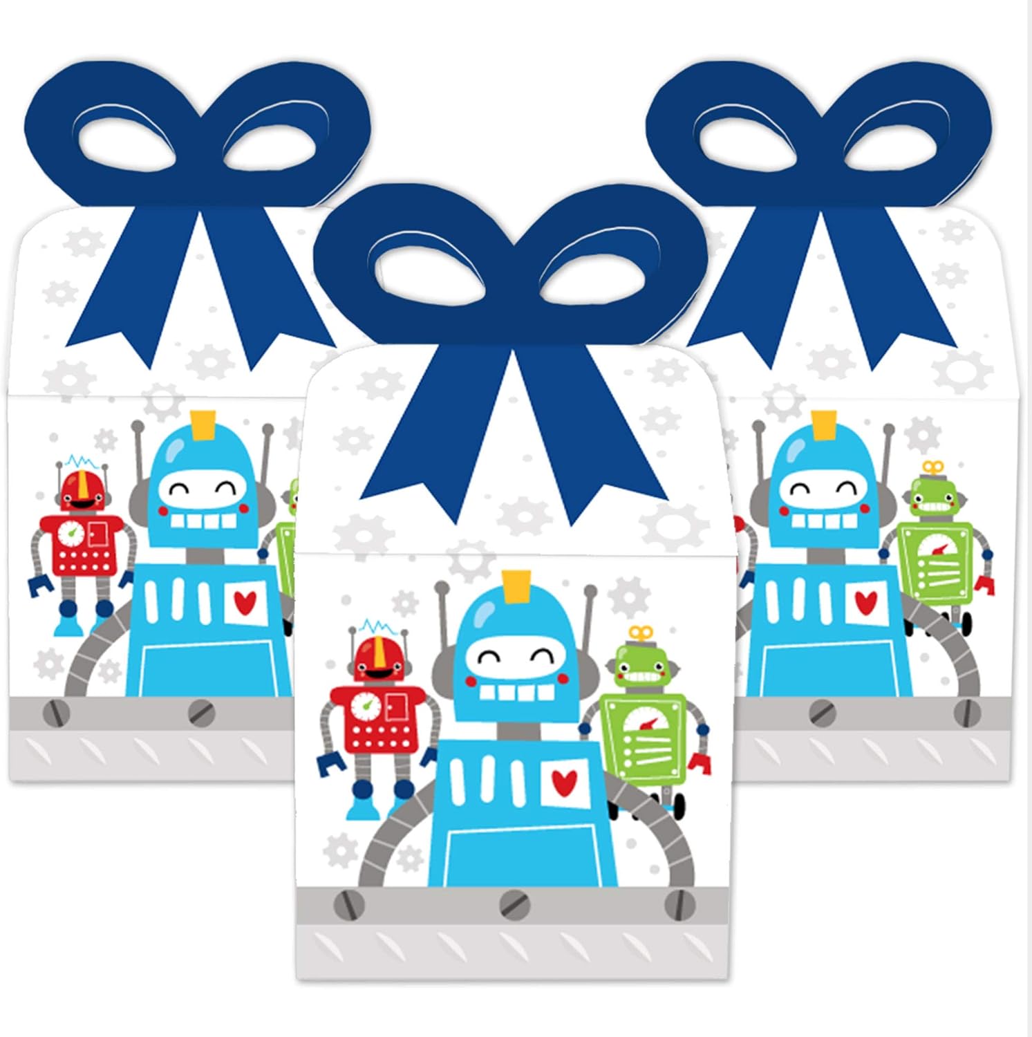 Big Dot of Happiness Gear Up Robots – Cajas de regalo cuadradas para fiestas de cumpleaños o baby shower, juego de 12