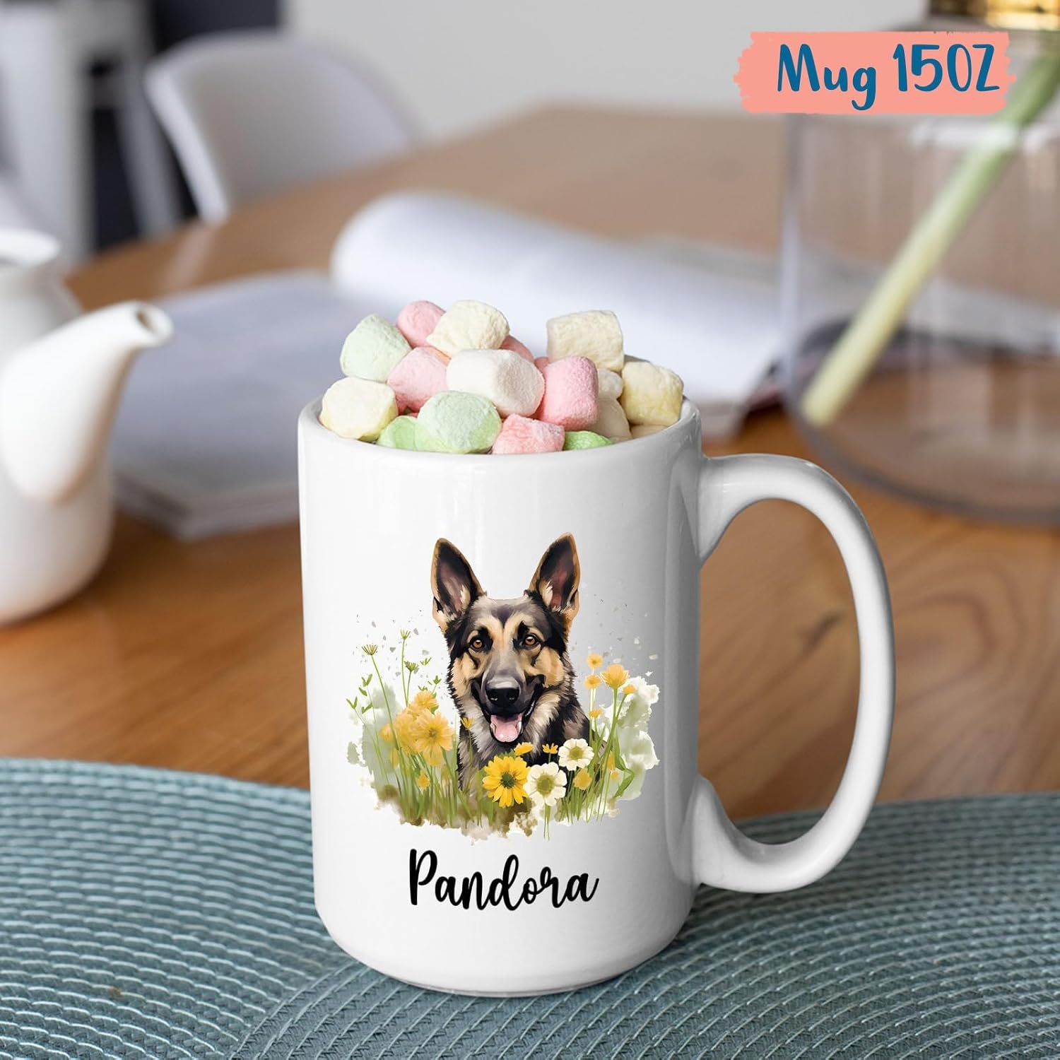 Taza de café de perro de pastor alemán con flores, tazas para mascotas, tazas para amantes de los perros, taza de cerámica personalizada con nombre,