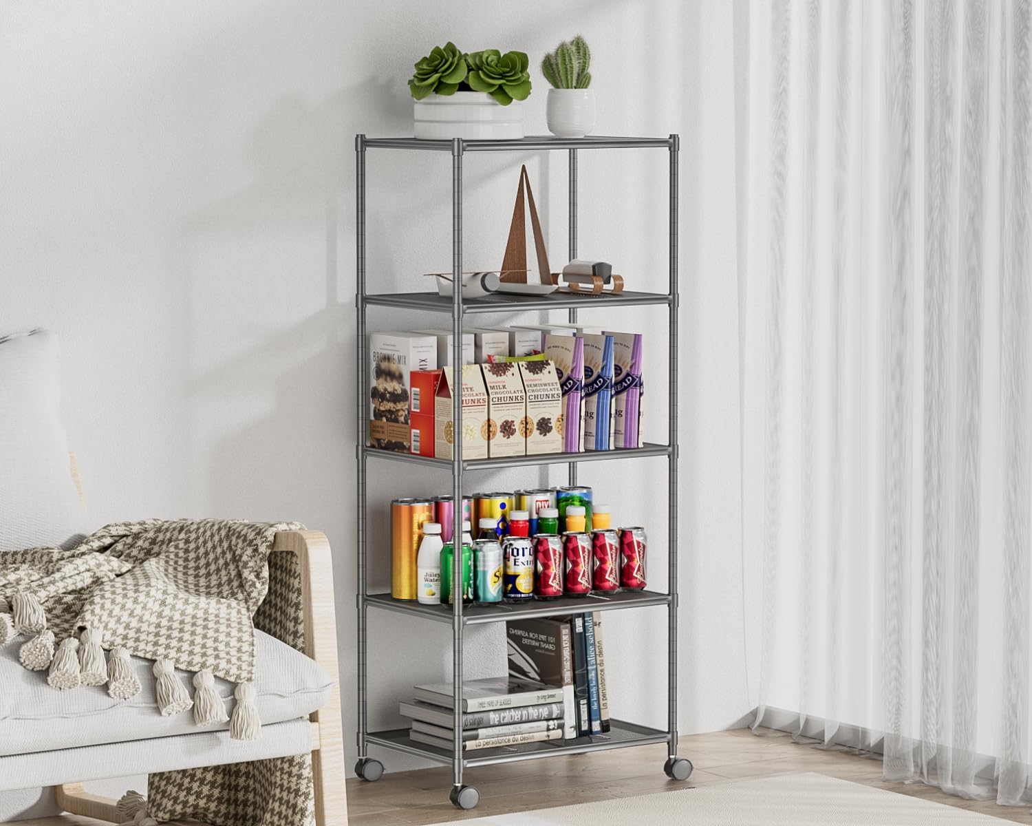 OVICAR Estante de almacenamiento con ruedas  Estantería ajustable de alambre de malla de 5 niveles, estante de almacenamiento de metal para cocina,