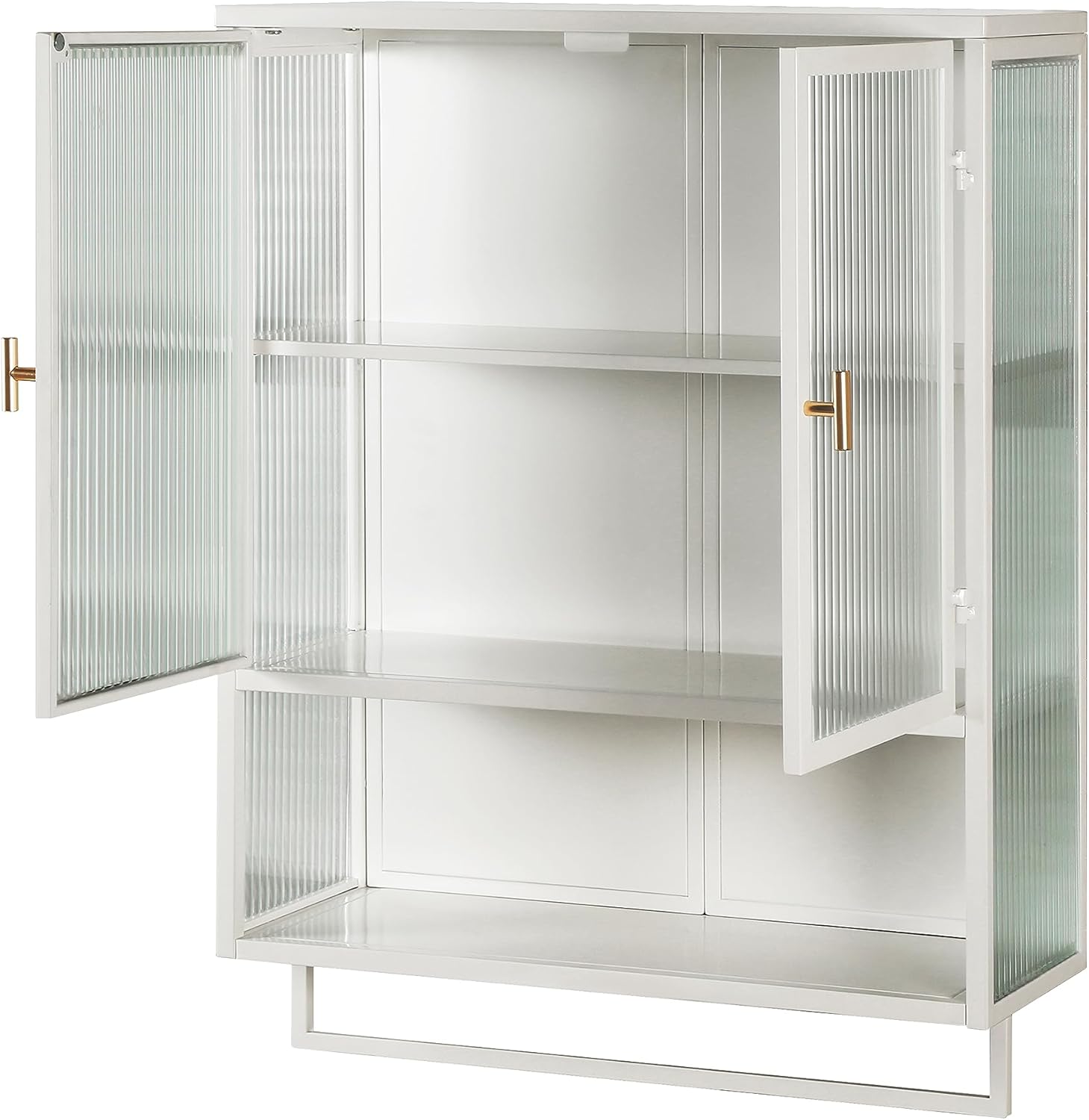 Armario de pared de doble puerta de vidrio estilo retro con estantes desmontables para oficina, comedor, sala de estar, cocina y baño, color blanco