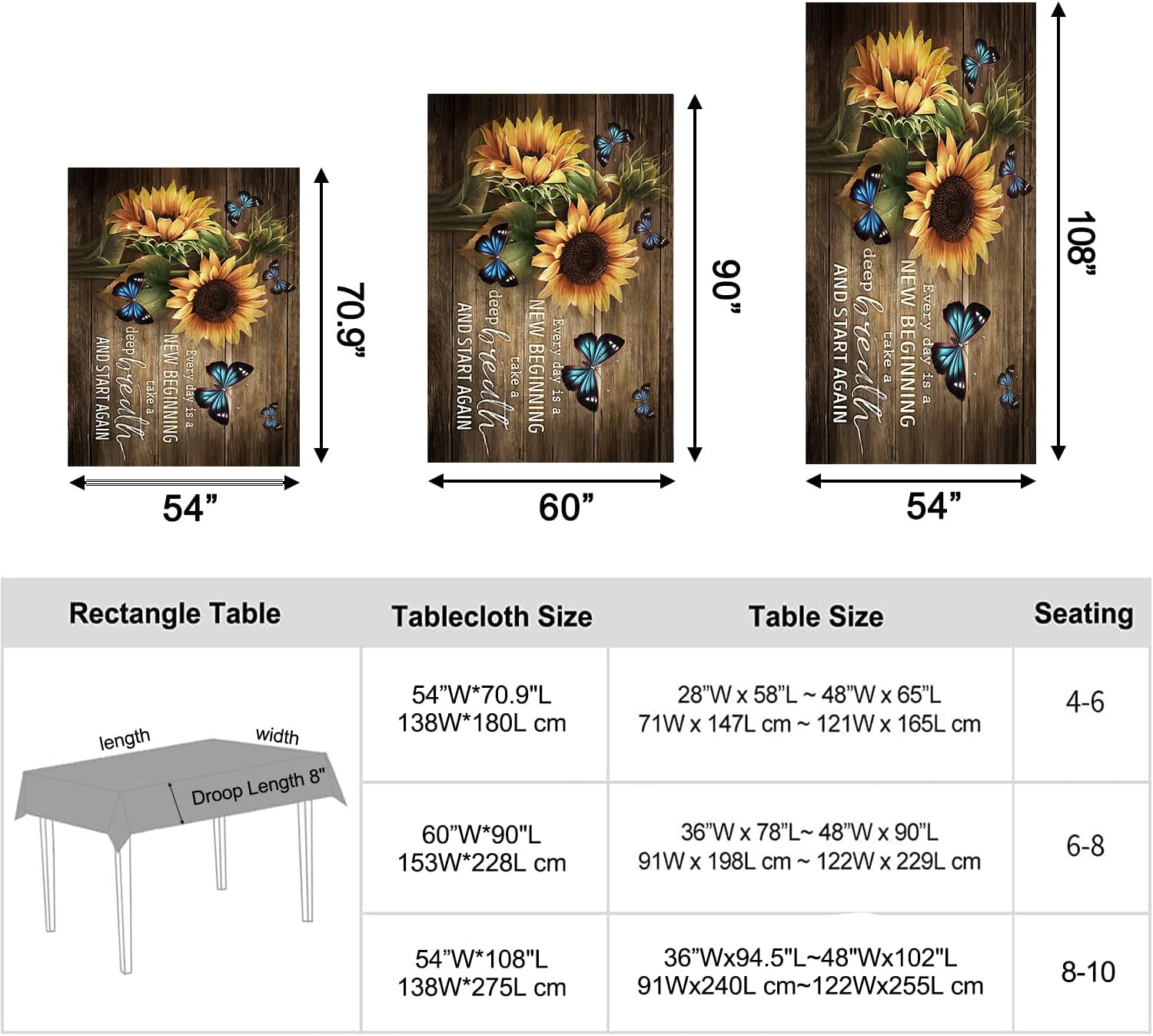 Mantel rectangular rústico a prueba de derrames, impermeable, con mariposas, decoración de mesa, cubierta de mesa de girasol, color marrón y