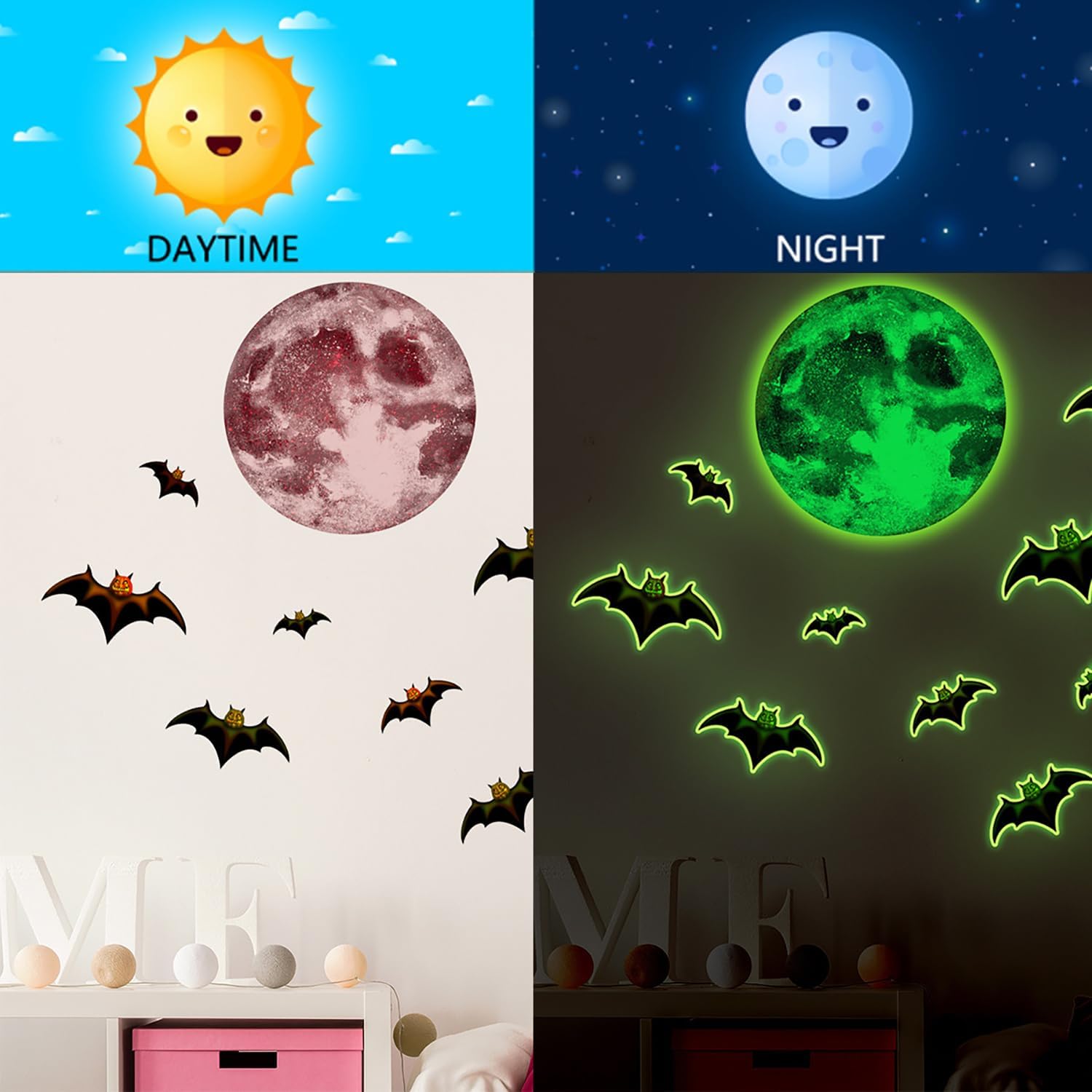 Calcomanías de pared de Halloween que brillan en la oscuridad, calcomanías luminosas de murciélago de luna, calcomanías de pared de Halloween, lindo