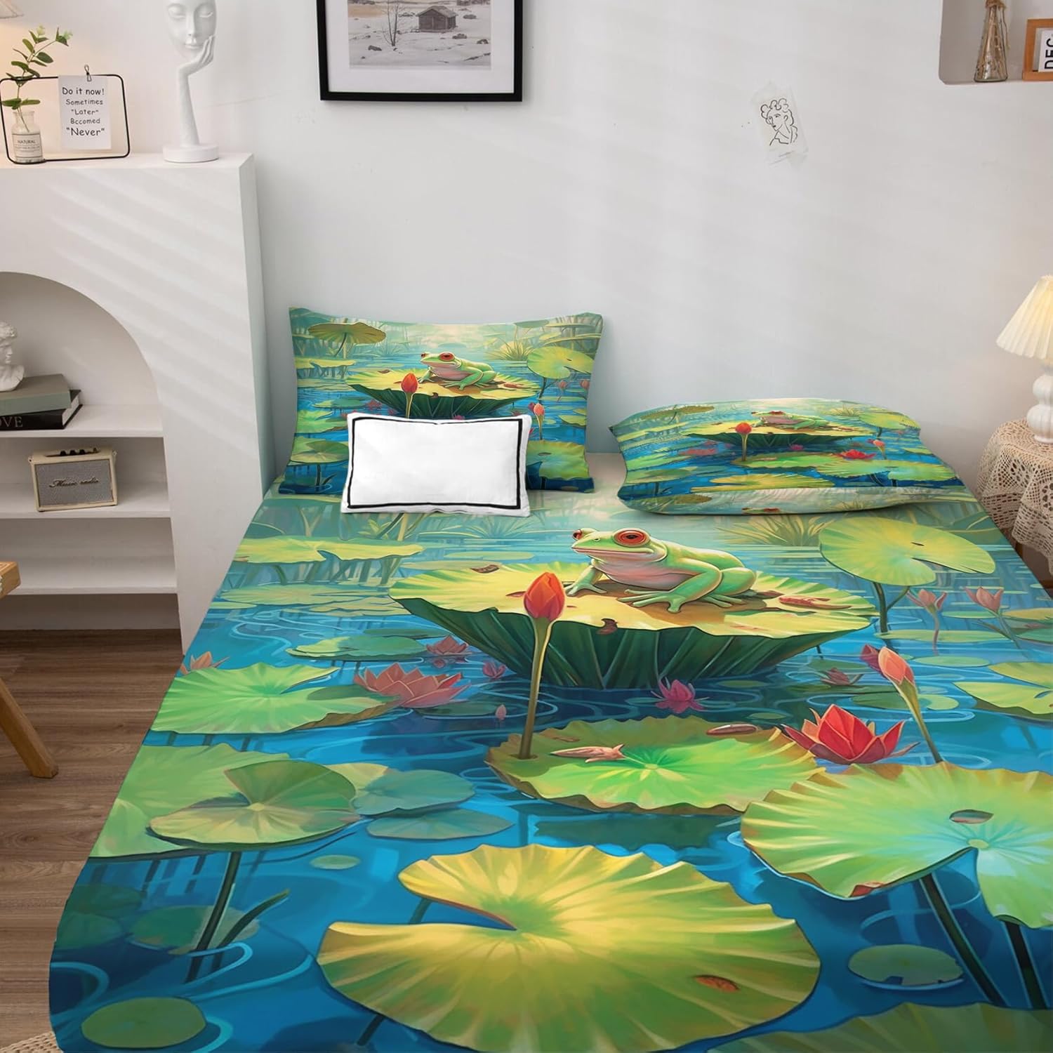 Frog Sheets California King – Juego de sábanas de anfibios de dibujos animados, microfibra suave, bolsillo profundo, sábanas y fundas de almohada
