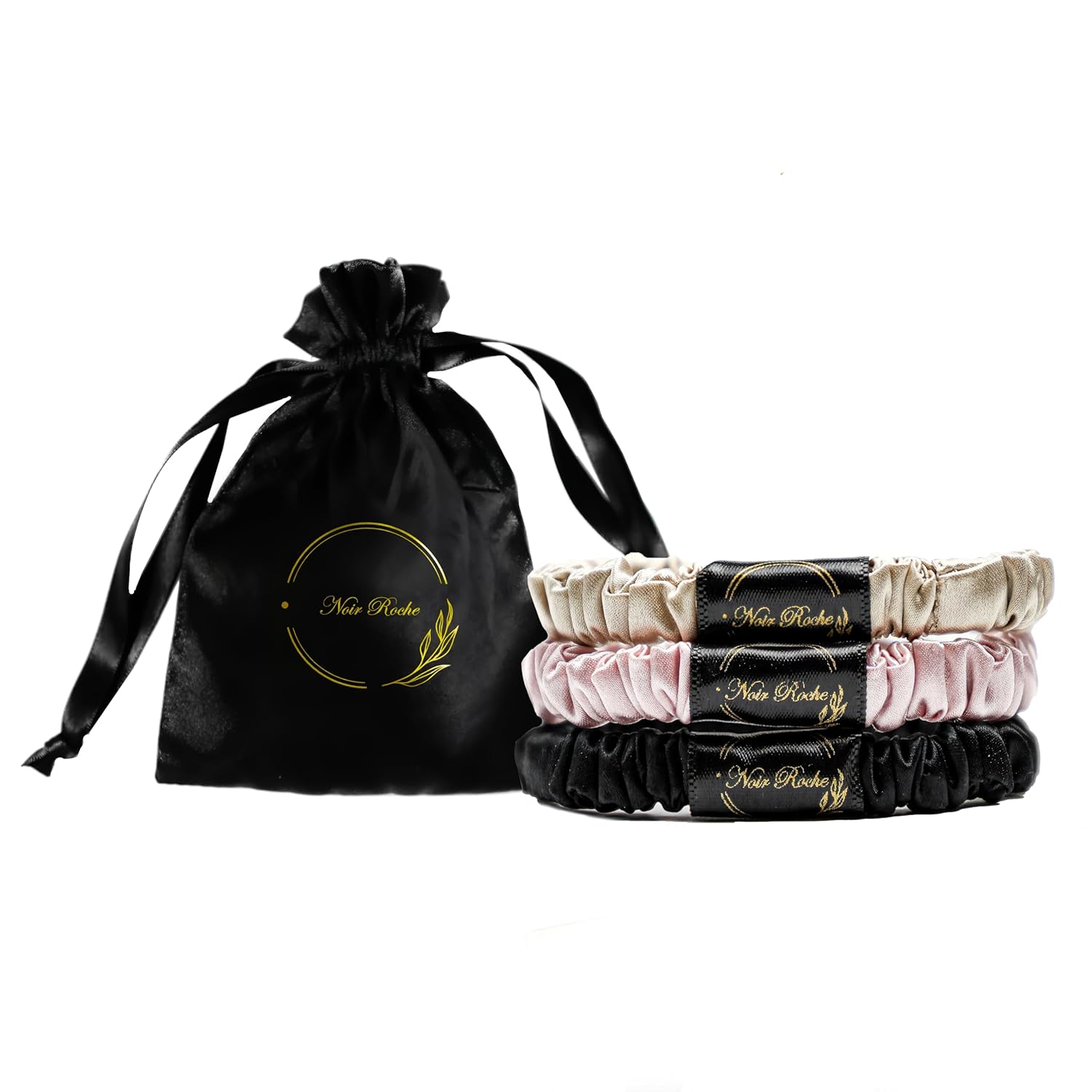 Noir Roche Coleteros de seda de lujo con bolsa de viaje, 100% seda de morera, lazos elásticos suaves para todo tipo de cabello, OEKO TEX Standard