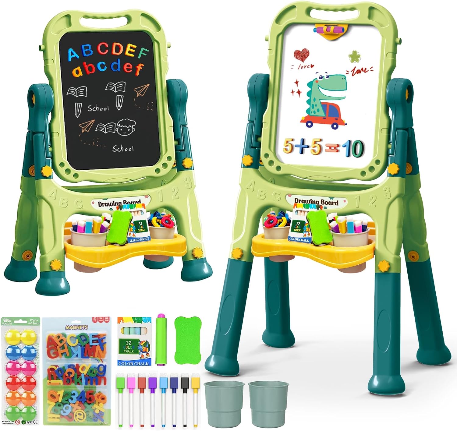 Caballete de arte para niños con tablero de dibujo magnético, caballete de doble cara con letras y números magnéticos, caballete de pie ajustable