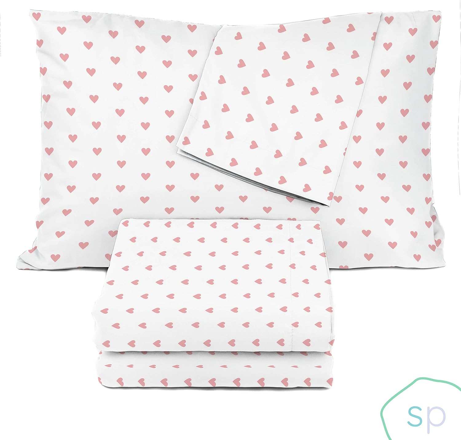 Saturday Park Pink Hearts – Juego de sábanas tamaño matrimonial, 4 piezas, 100% algodón orgánico, certificado GOTS y Oeko-TEX