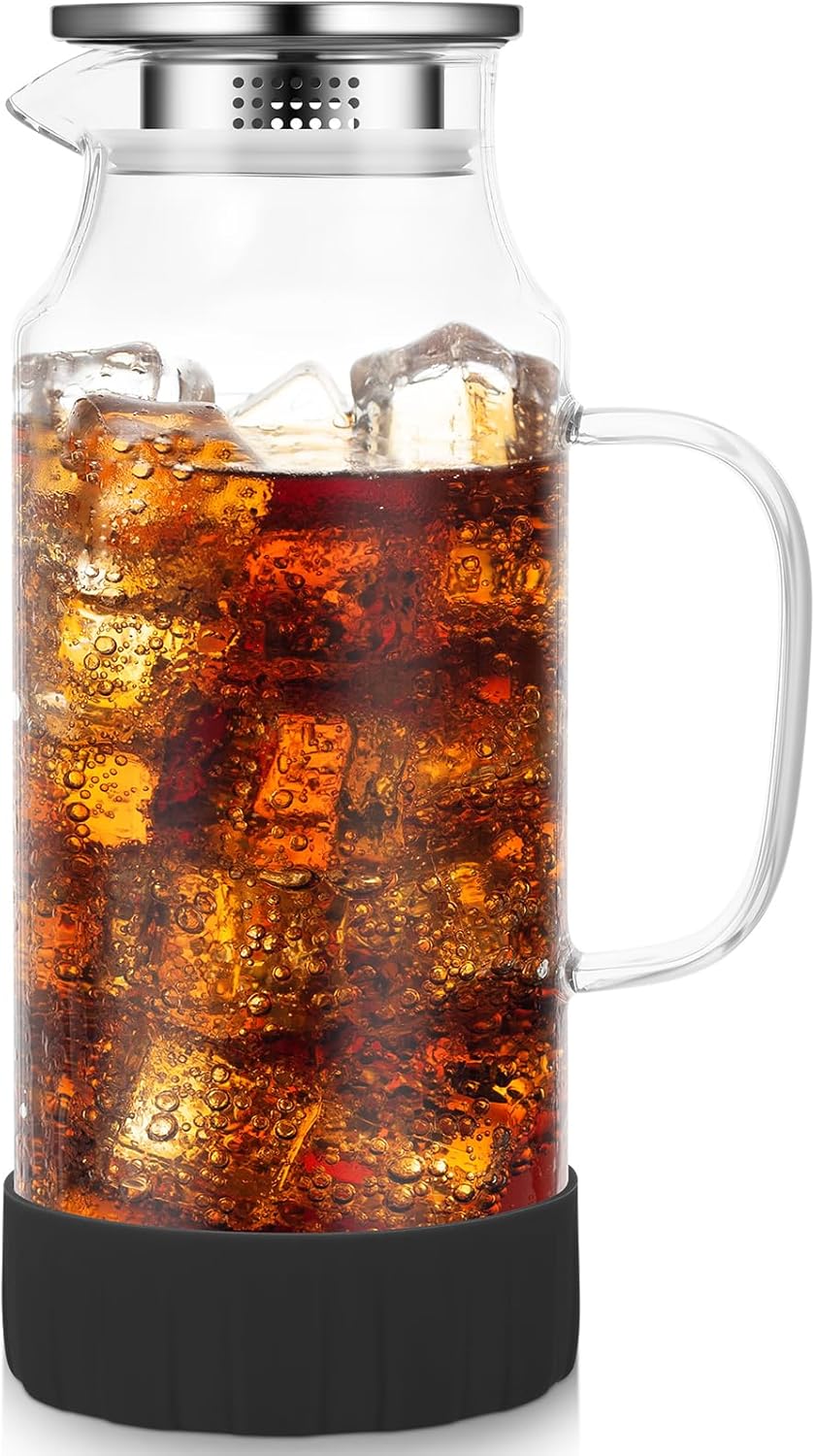 Jarra de vidrio con tapa, jarra de agua de vidrio calientefría con asa, jarra de vidrio para refrigerador, té helado, café, jugo, bebidas caseras