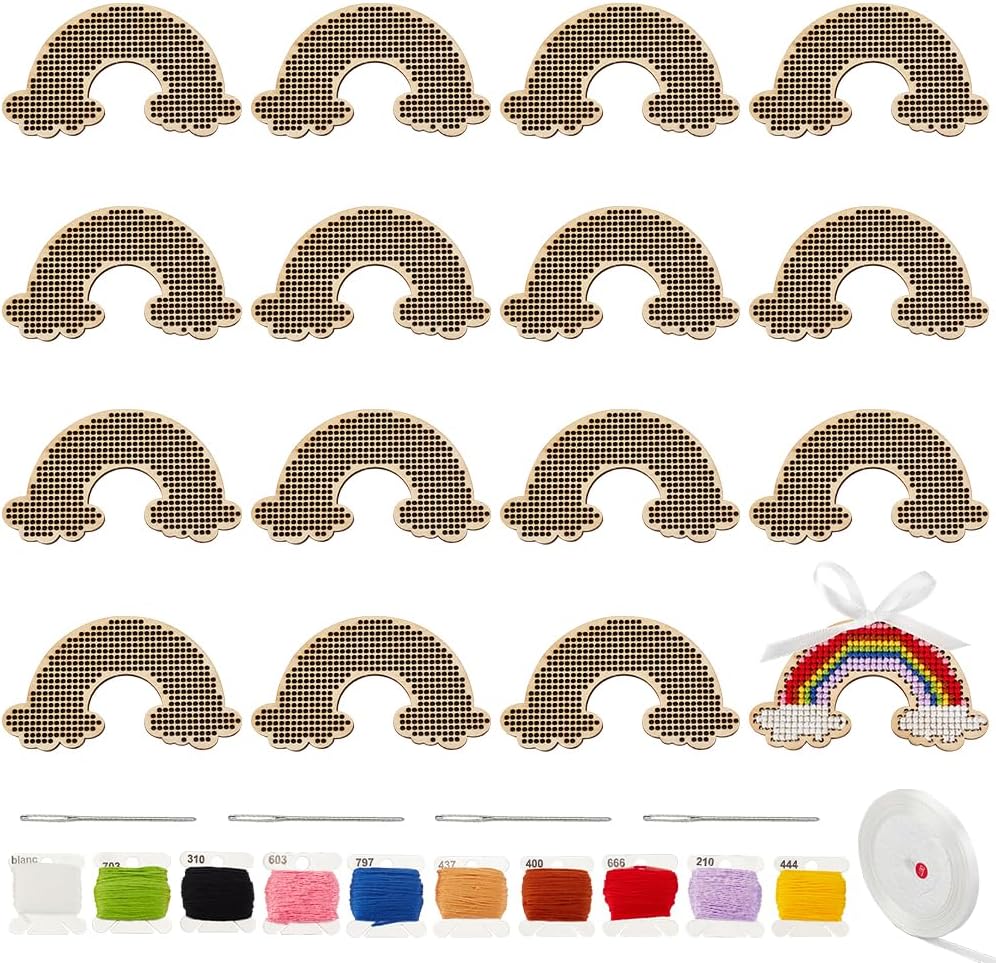 OLYCRAFT Kit de 31 piezas de punto de cruz, kit de bordado de punto de cruz, arco iris de madera, juego de espacios en blanco de punto de cruz,