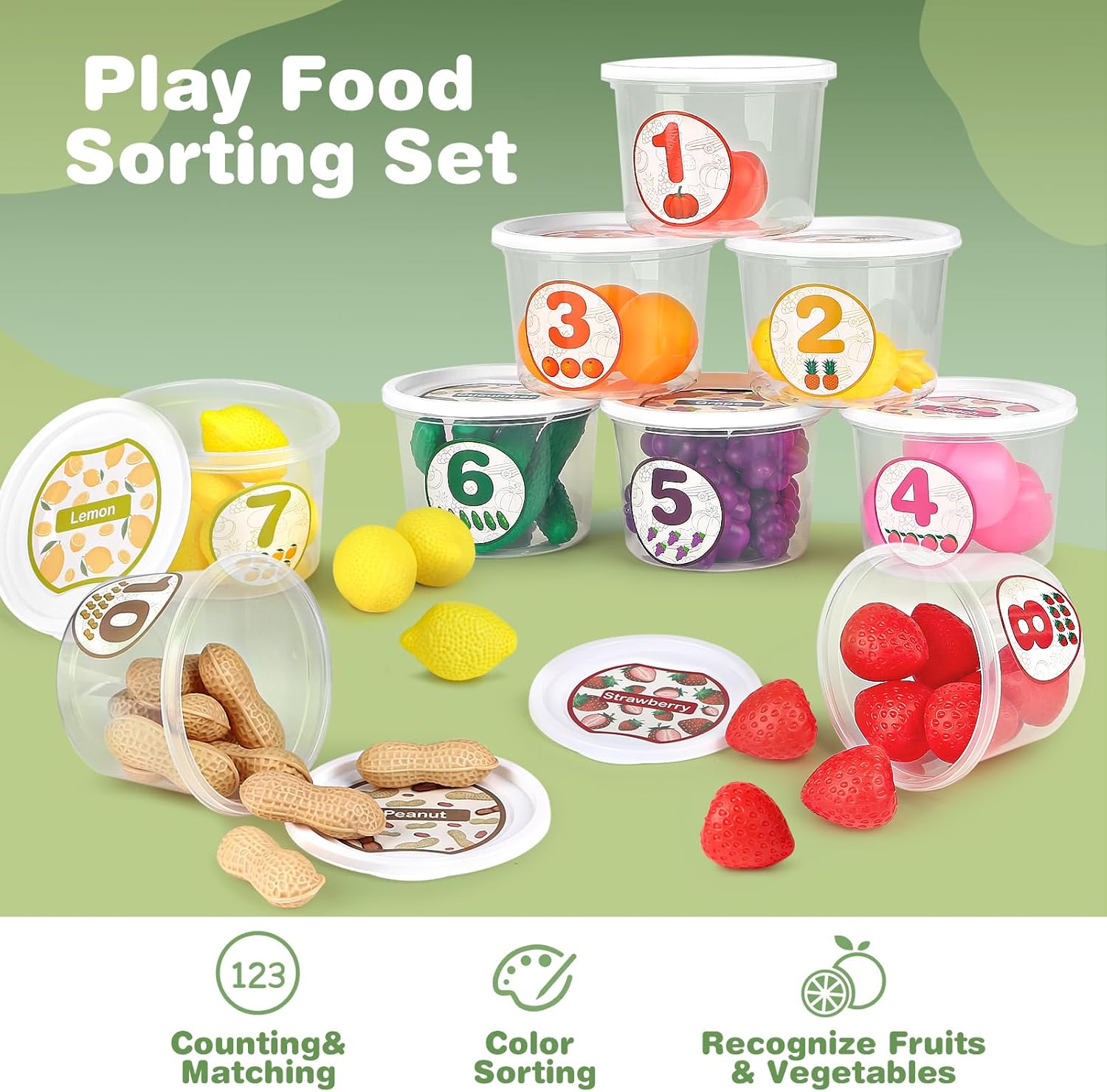 Joyreal Juguetes de clasificación de color, tinas clasificadoras de alimentos con frutas y verduras, 65 piezas de uno a diez juguetes de aprendizaje