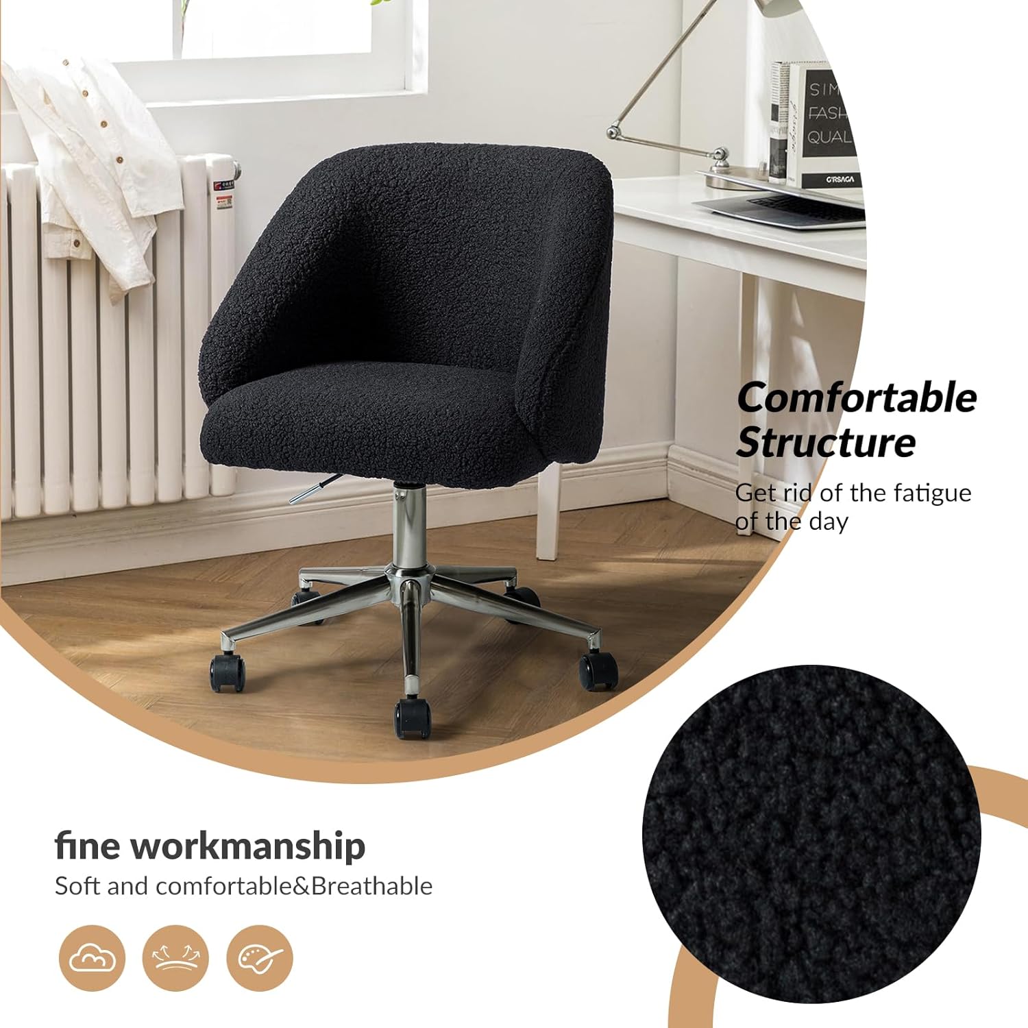 HULALA HOME Silla de oficina sherpa, cómoda silla de escritorio tapizada para oficina en casa, silla de trabajo de altura ajustable, silla de
