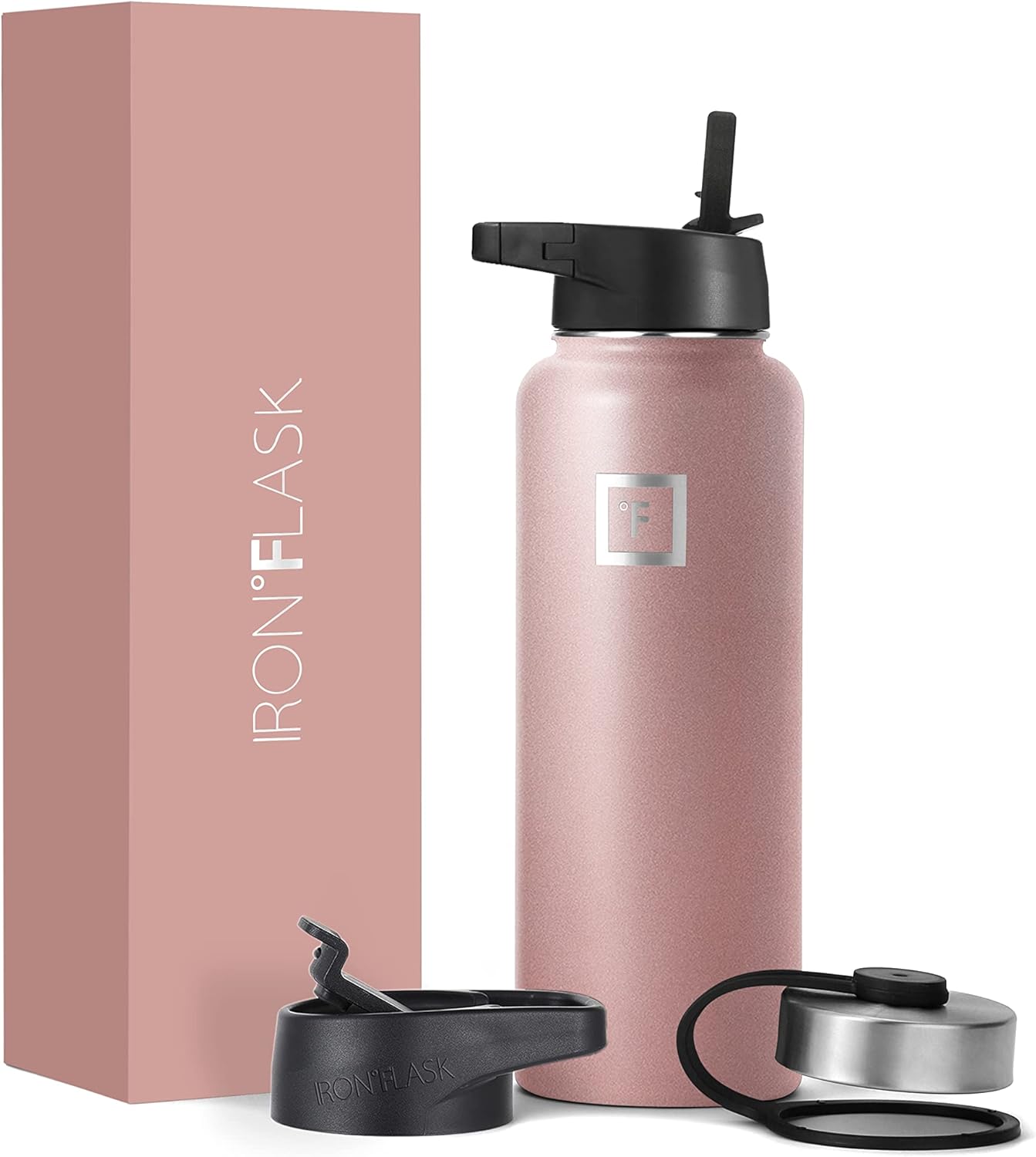 IRON FLASK Botella de agua deportiva de 40 onzas, 3 tapas (tapa con popote), a prueba de fugas, acero inoxidable, para gimnasio y deportes, para
