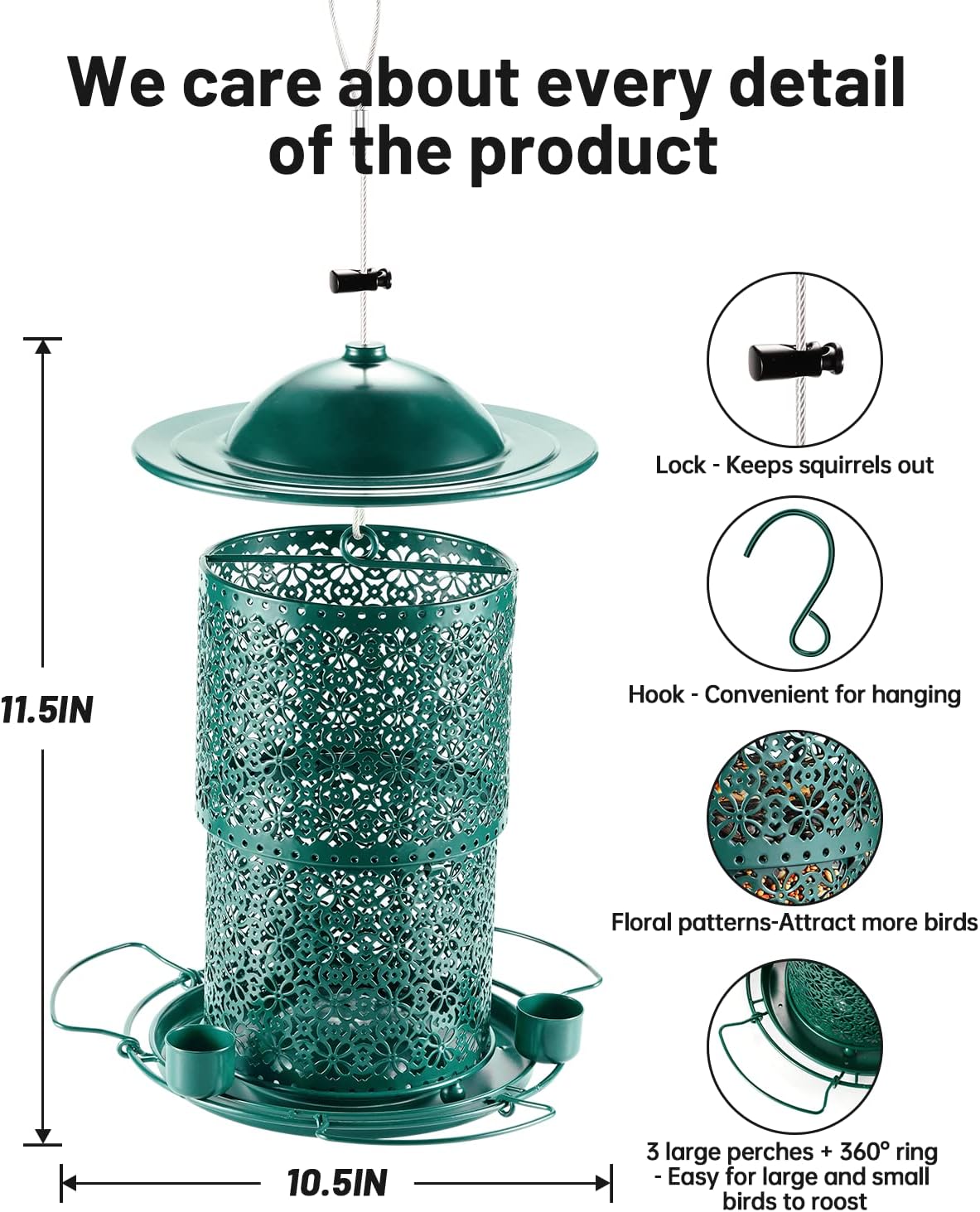 Comedero para pájaros para colgar al aire libre, 7 libras15 tazas de gran capacidad con 3 tazas de agua y percha circular de 360, comedero para