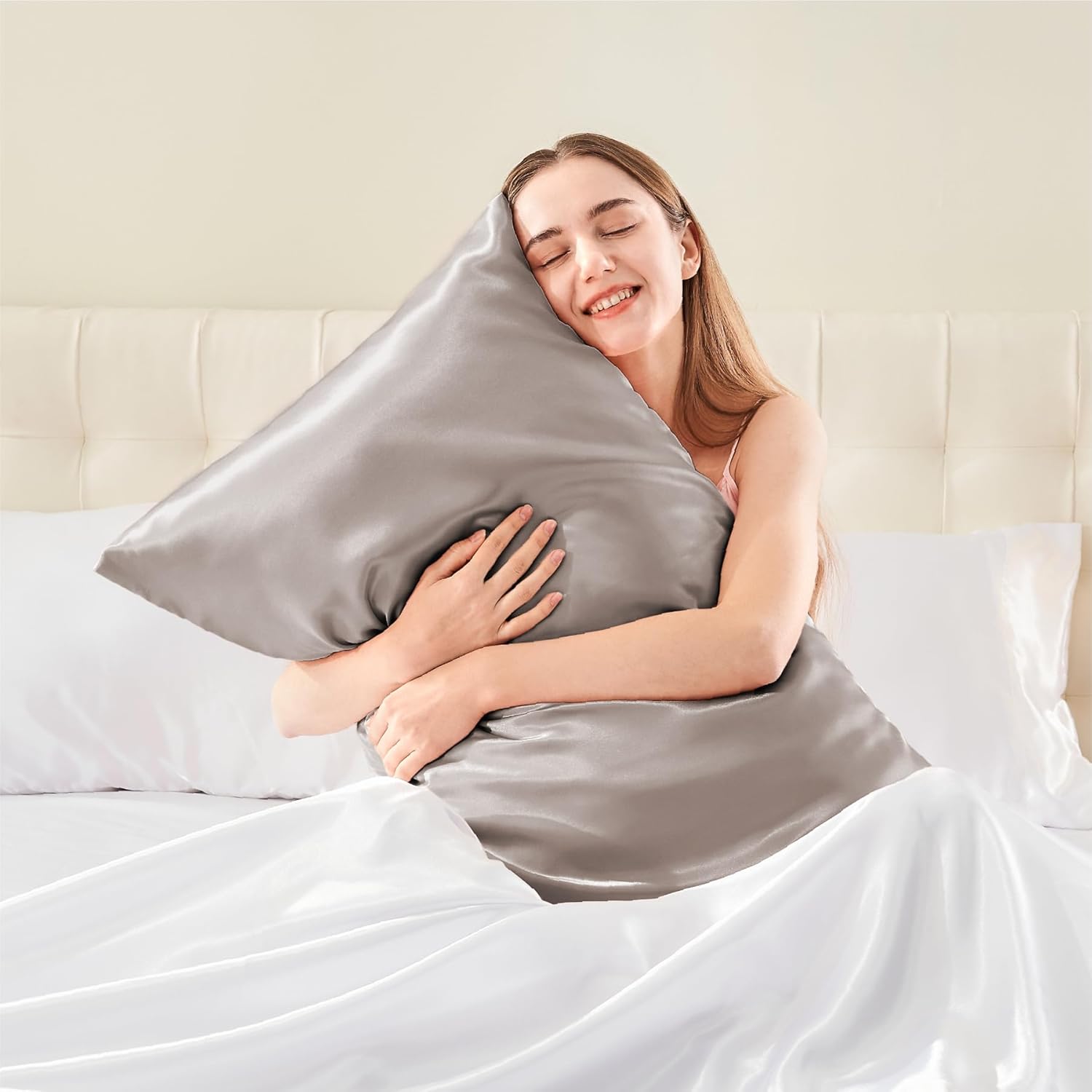 BEDELITE – Juego de 2 fundas de almohada de satén de tamaño Queen ideales para el cabello y la piel, supersuaves y sedosas, color gris pardo rosé,