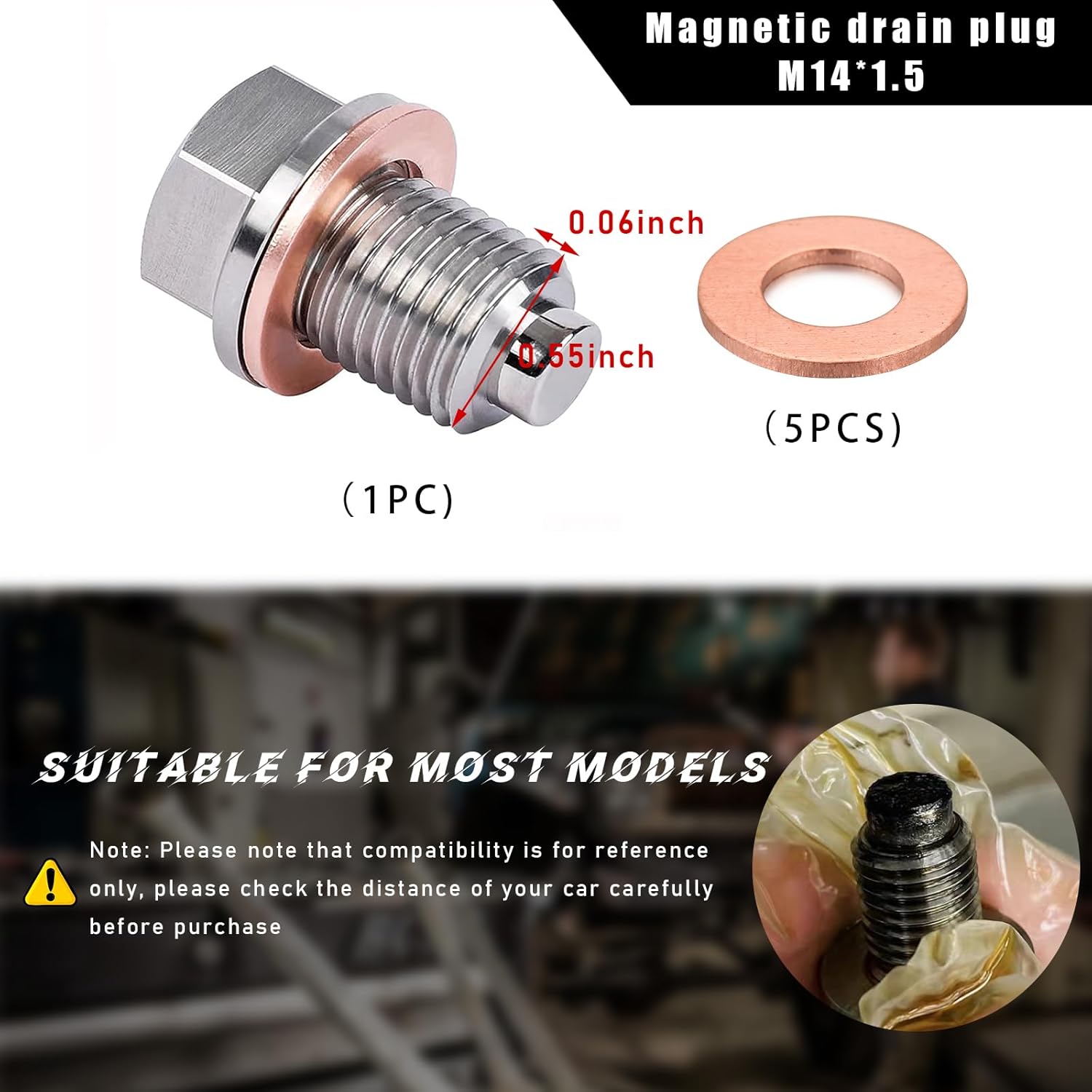 Tapón magnético de drenaje de aceite de aluminio M14 x 1.5, perno de tuerca de drenaje de sumidero de acero inoxidable con 5 arandelas de cobre,