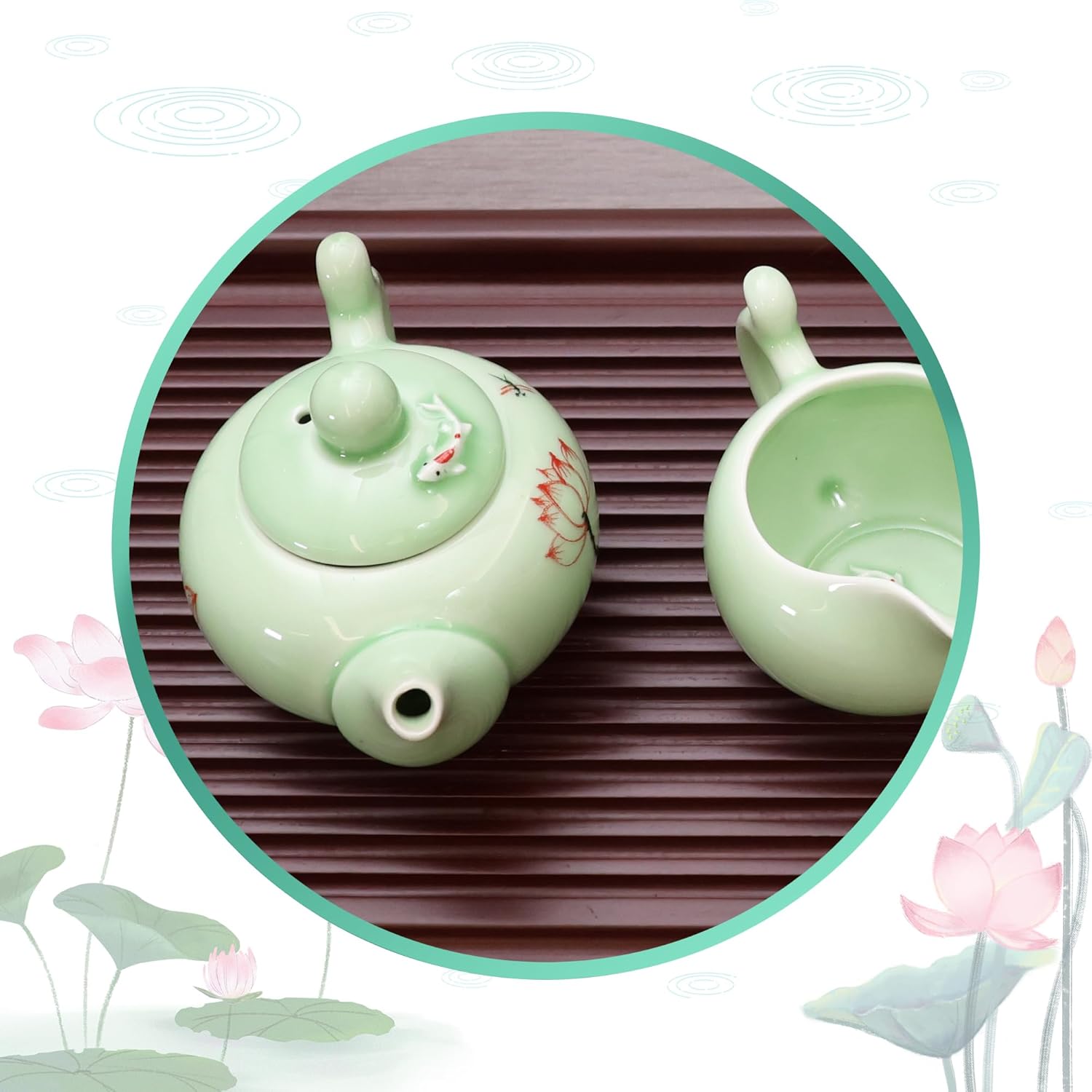 HOTUMN Teteras para té suelto de cerámica con tapa (patrón de loto y pescado) Tetera china hecha a mano, regalo para familiares y amigos (6.8 onzas)