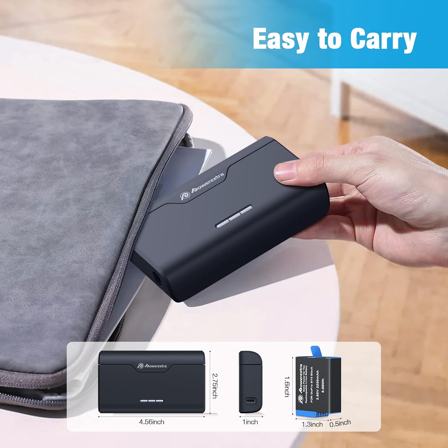 Powerextra Hero 11 – Cargador de batería para GoPro 111098765, soporte de almacenamiento de tarjeta TF con puerto tipo C, totalmente compatible con