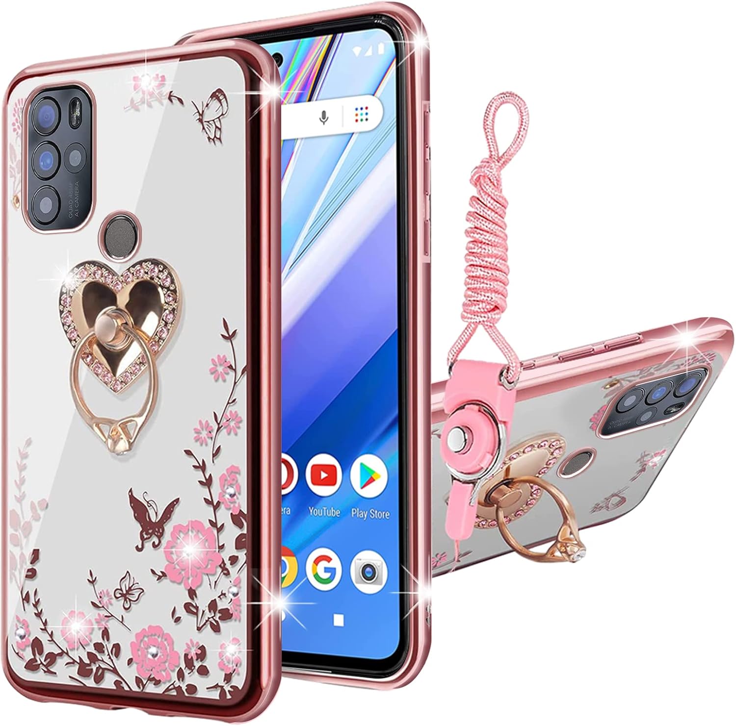 KuDiNi BLU G91 Pro – Funda protectora transparente con función atril y correa para BLU G91 Pro para BLU G91 Pro (oro rosa)