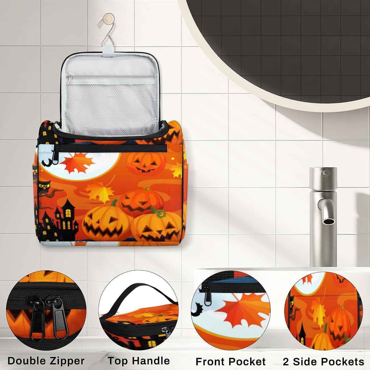 Halloween Toiletry Bag for Women Travel Makeup Organizer with Hanging Hook Traveling Cosmetic Bags for Toiletries Accessories