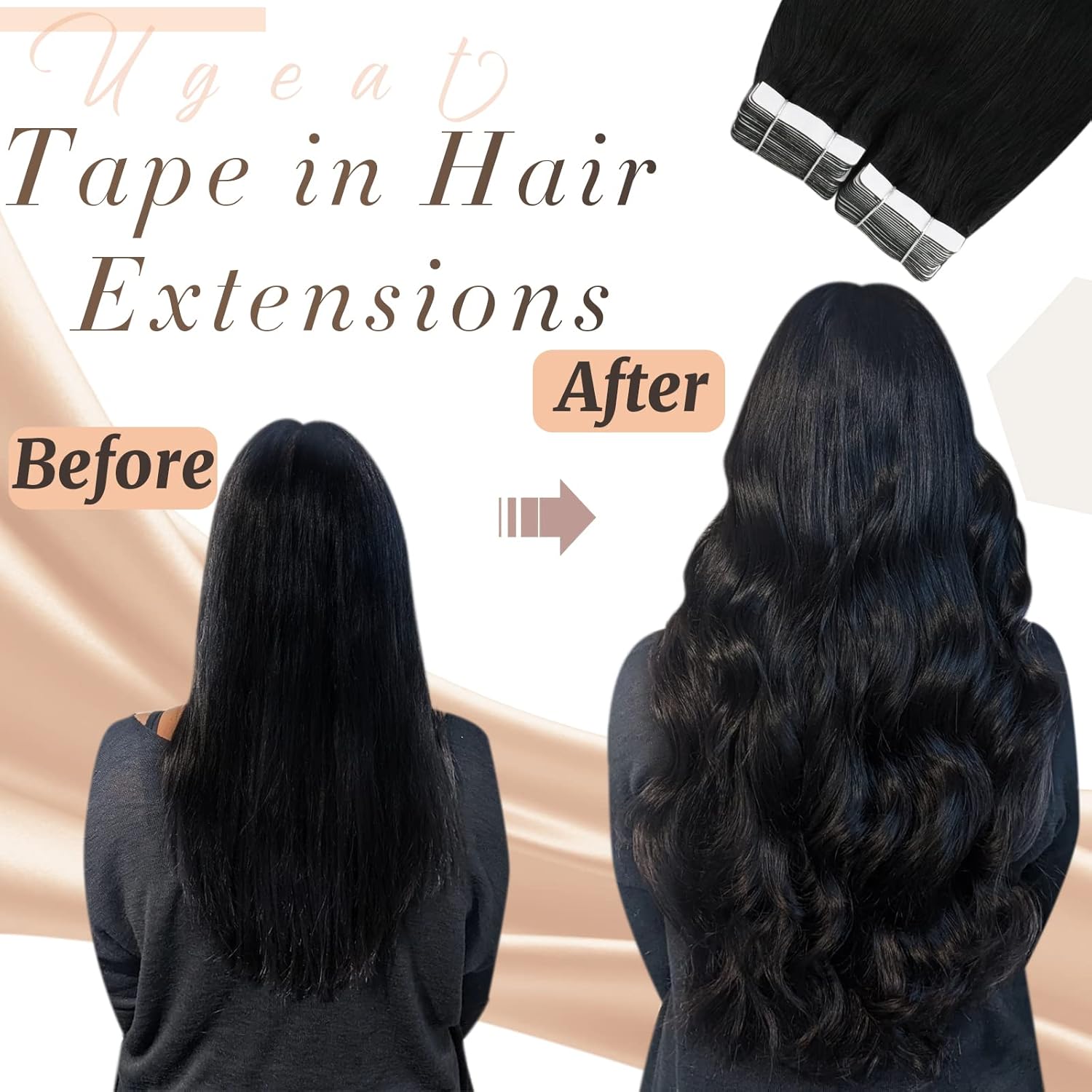 Ugeat Extensiones de cabello humano Remy con cinta